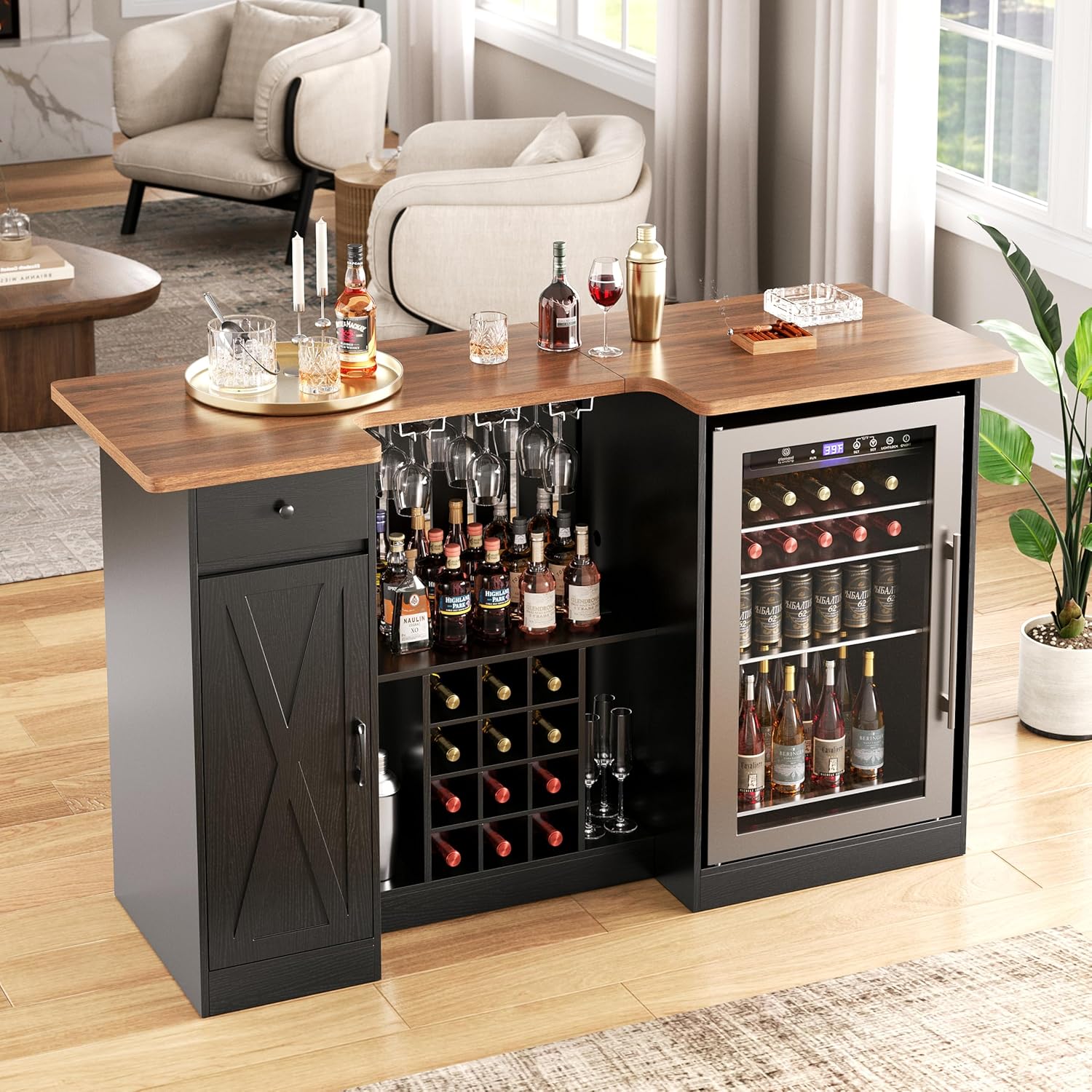 Home Bar Unit with Fridge Space, 72" U-Shape Liquor Wine Cabinet with Power Outlet, Wine Glass Holder, Bar Table with Storage for Basement Living Room Dining Room Home Pub, Black LRBT001BB