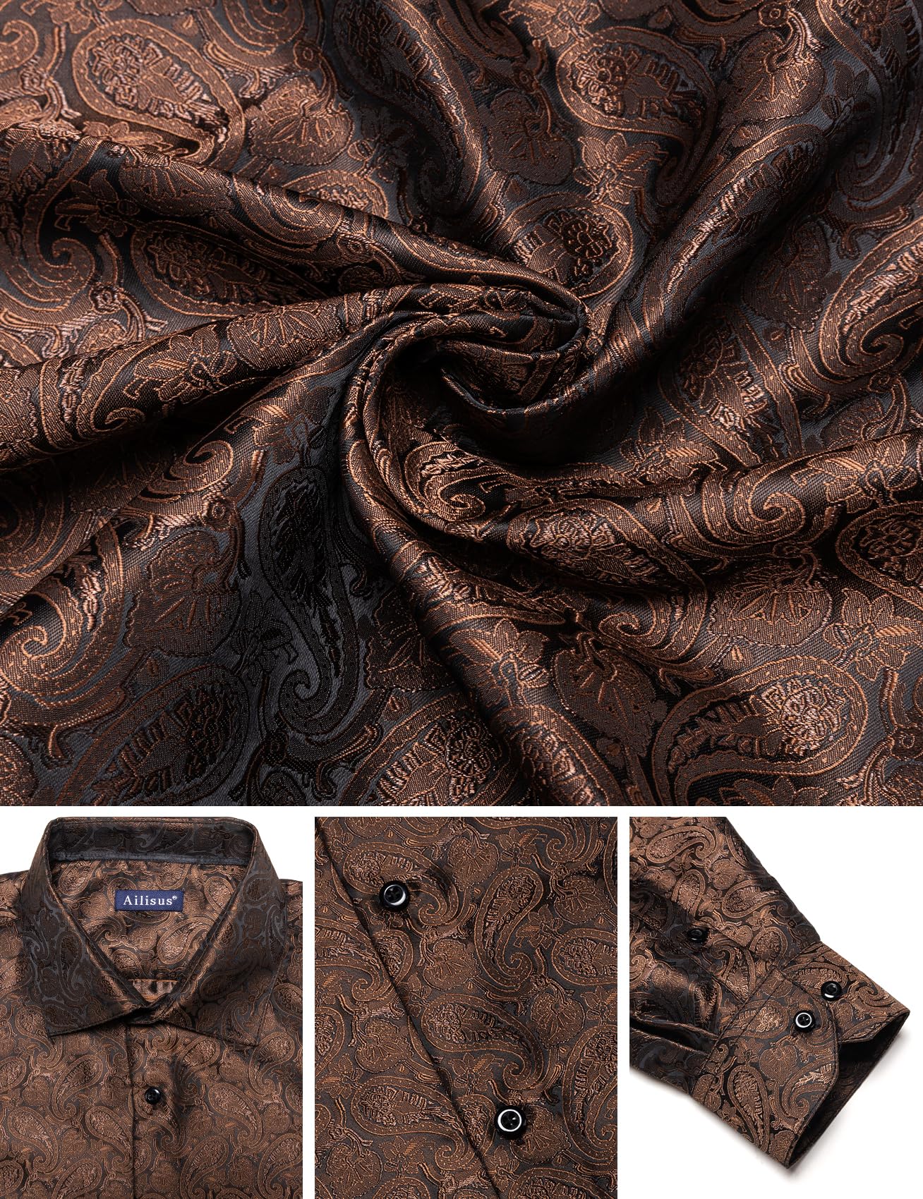 Camicie da uomo con motivo cachemire floreale, a maniche lunghe, con bottoni, vintage, in seta, per feste di nozze, abbigliamento casual