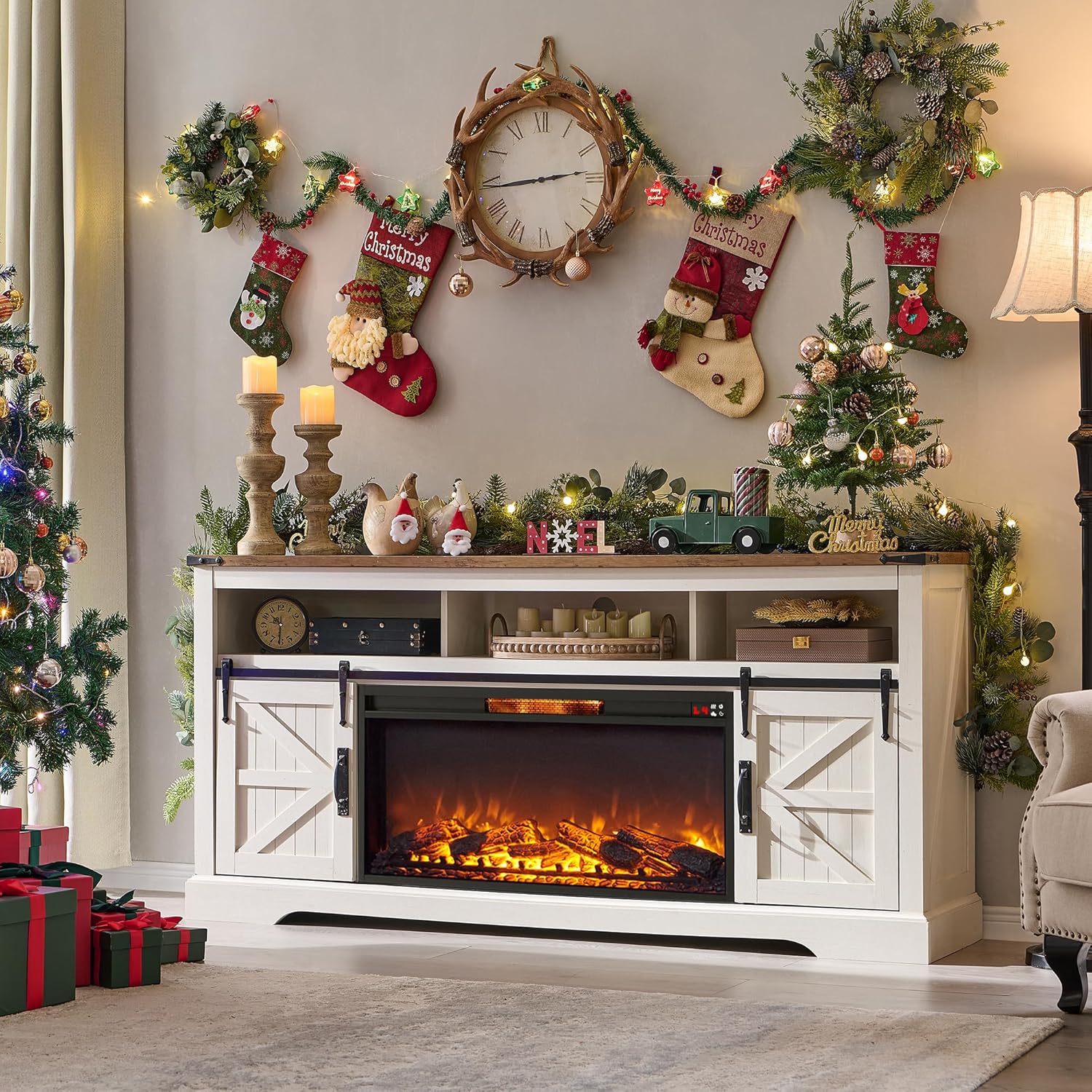 OKD Fireplace TV Stand for 80 Inch TV, 33" Tall Highboy Farmhouse Entertainment Center w/ 36'' Electric Fireplace, Rustic Media Console w/Sliding Barn Door for Living Room, Antique White