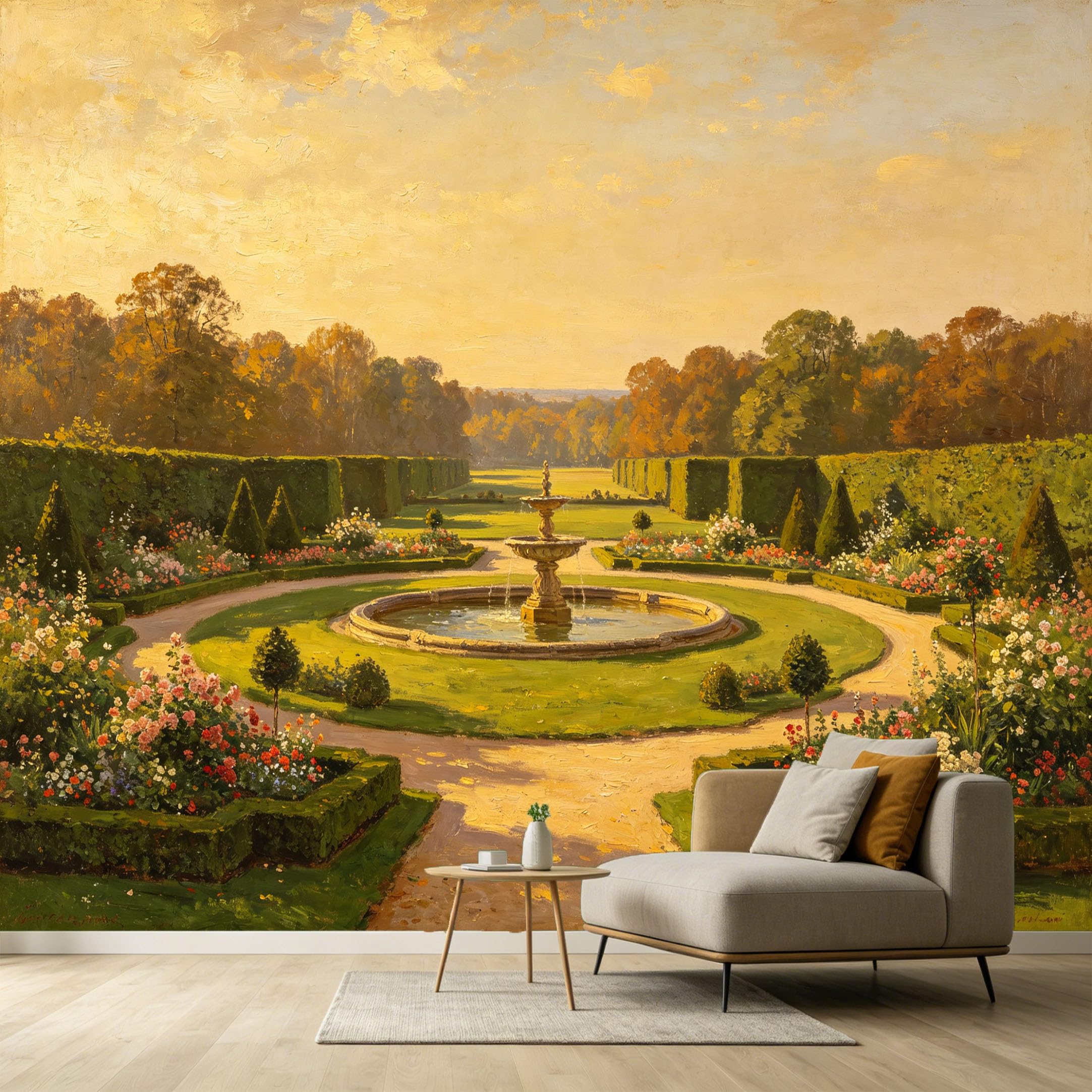 Custom Size Wall Murals Classic European Garden Fountain Oil Painting Trees Flower Beds SelfAdhesive Wall Fabric Removable Large Wallpaper for Photo Living Room