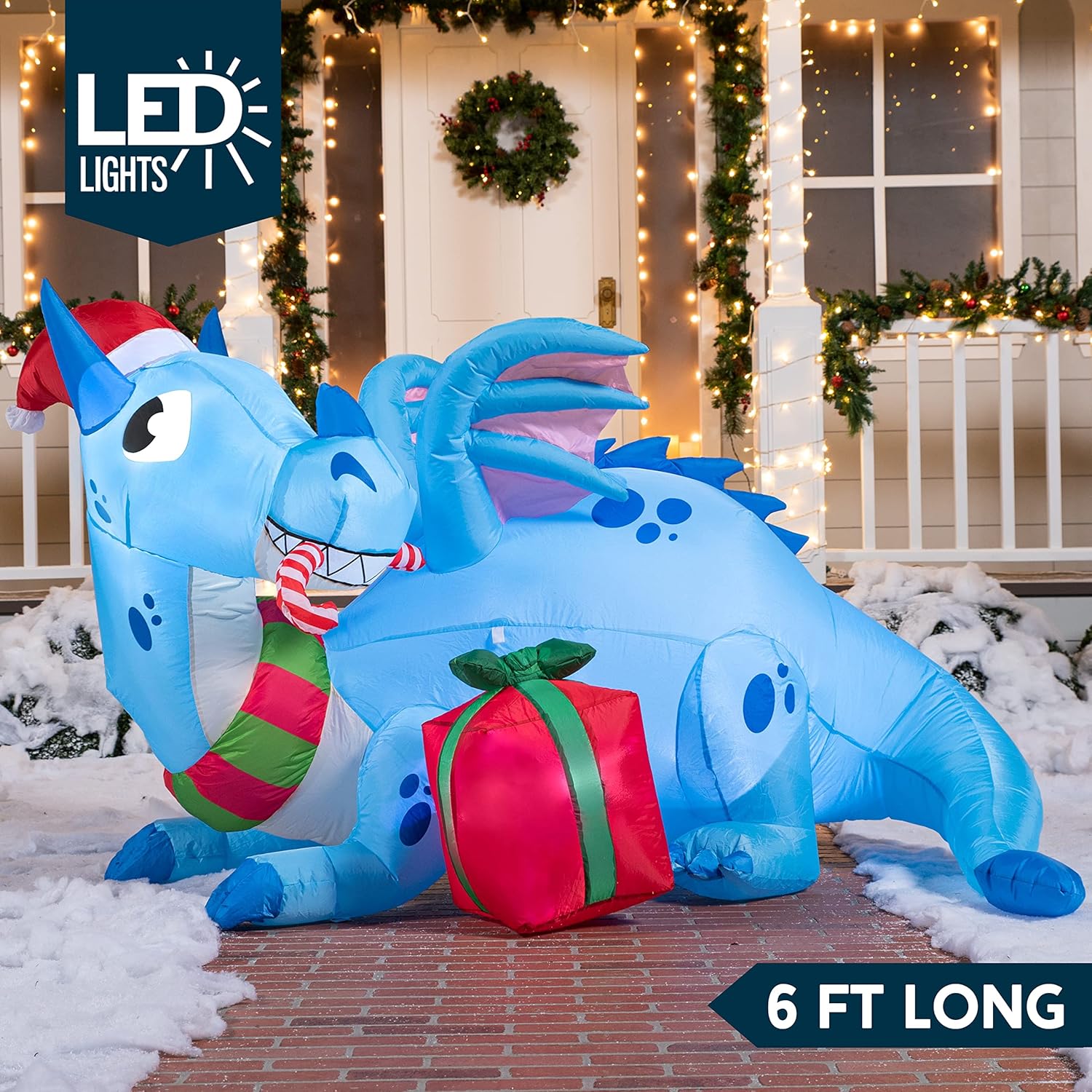 Joiedomi 6 FT Long Christmas Inflatable Dragon Outdoor Decoration, Christmas Blow Up Yard Decorations with Build-in LEDs, Xmas Inflatables Blow Up Dragon for Outside Lawn Garden Party Decor