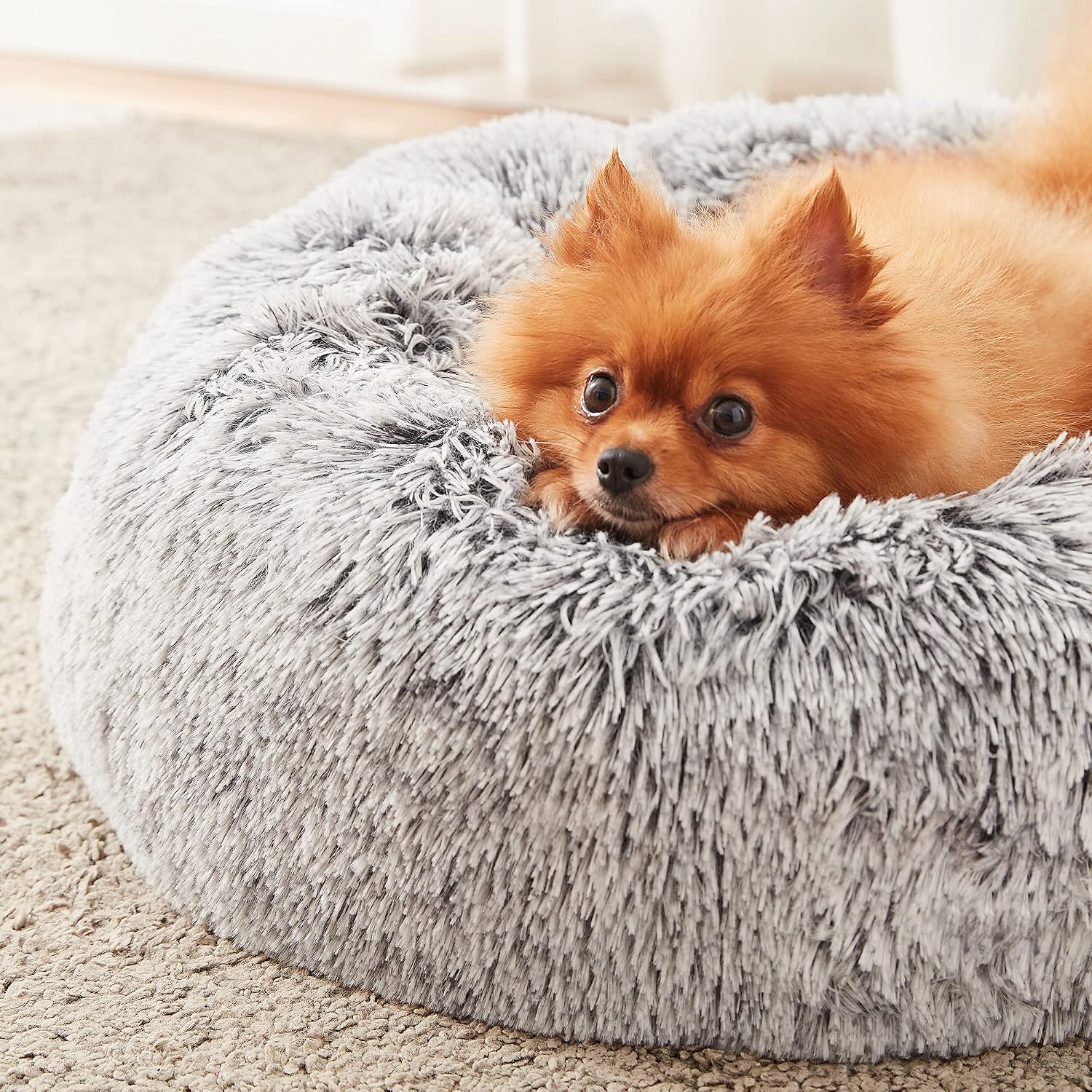 XZOMEY Calming Dog Bed & Cat Bed for Small Medium Dogs and Cats, Anti Anxiety Donut Dog Bed with Fluffy Plush Faux Fur,Washable Round…