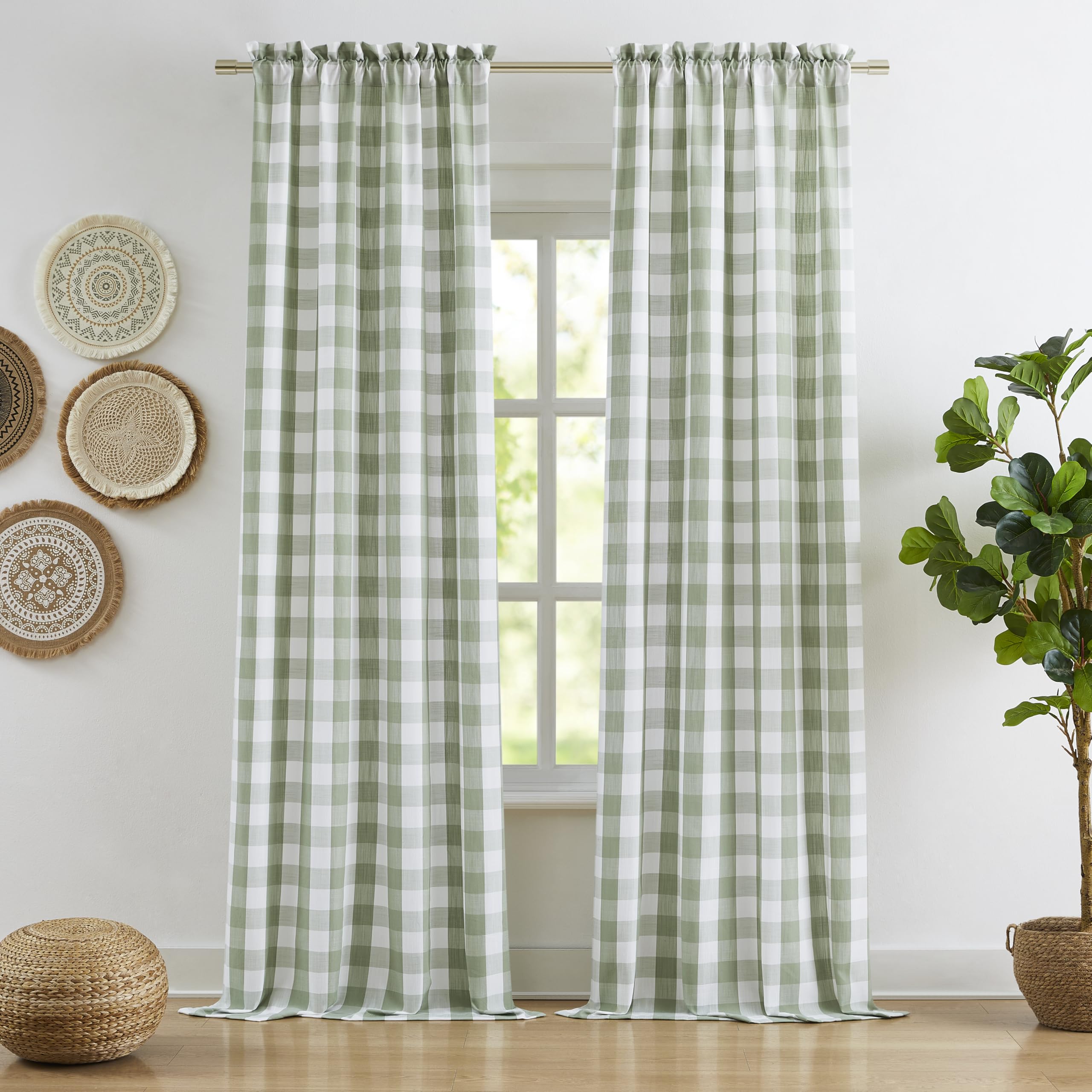 Bapawfish Semi Sheer Sage Green Buffalo Plaid Curtains,90 Inches Long Gingham Checkered Panels,Farmhouse Window Treatment for Bedroom Living Room,Rod Pocket,Sage Green/White,40" Wx95 L,2 Panels — image 1