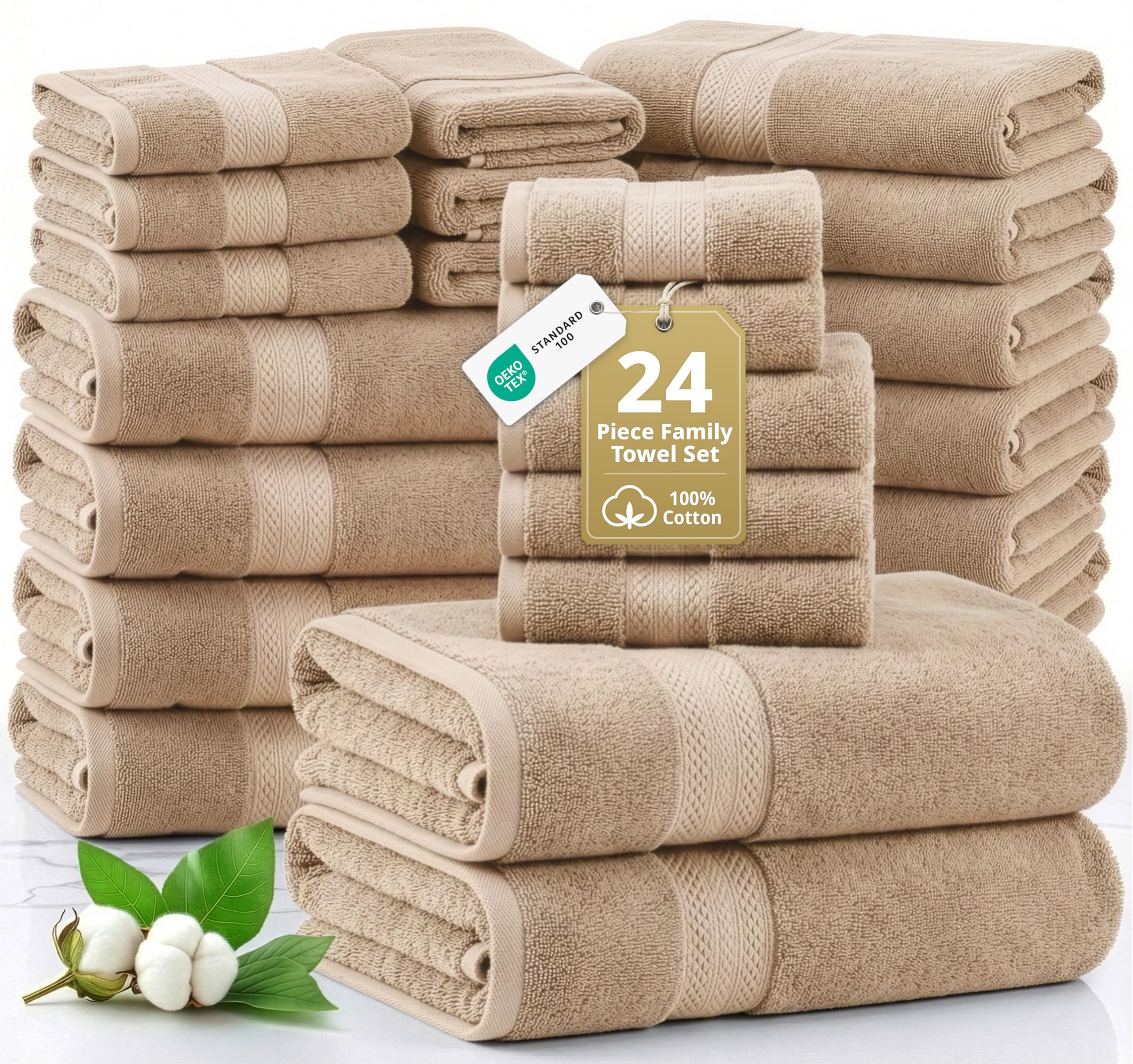 Lane Linen 100% Cotton Towel Set for Bathroom - 24 PCs - Durable, Soft, Quick Dry & Absorbent Towels - 2 Bath Sheet, 4 Fingertip, 8 Washcloths, 4 Bath & 6 Hand Towels for Bathroom - Family Set - Beige