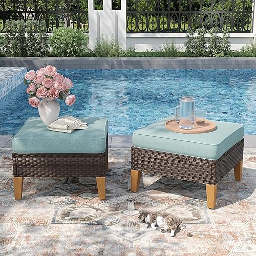 PHI VILLA Otomana de mimbre para patio, 2 piezas, asiento otomano de mimbre para todo tipo de clima, reposapiés para exteriores con cojines