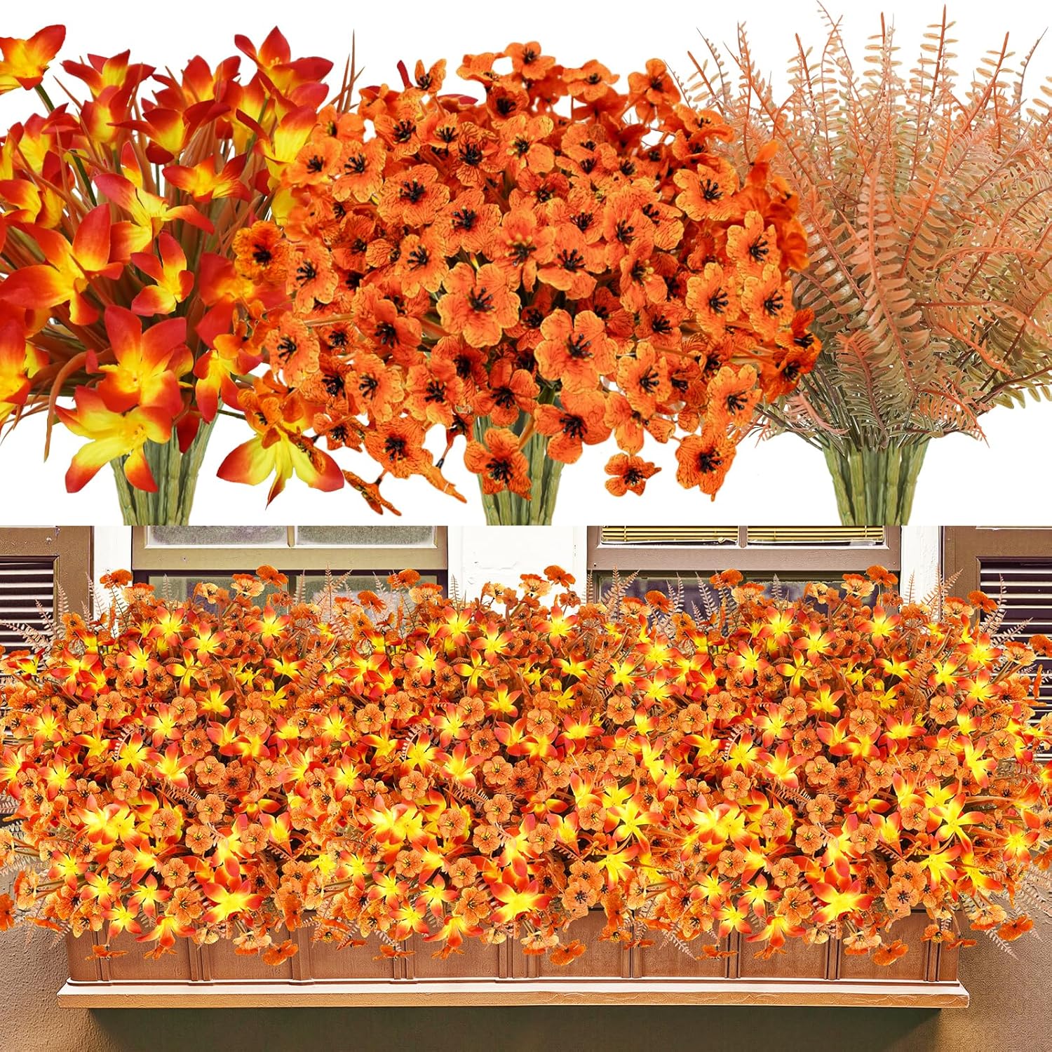 64Pcs Fall Flowers Outdoor Faux Fall Flowers Plants UV Resistant Autumn Artificial Plastic Flowers Greenery Fall Decoration for Outside Home Porch Patio Thanksgiving Decoration Fall Orange 64 pcs