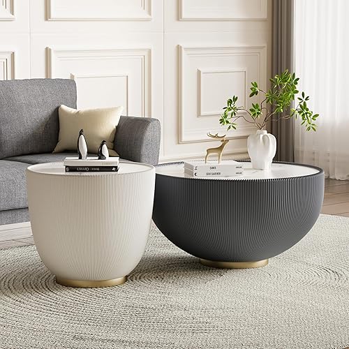 Miniatura 78 de Mesa auxiliar redonda moderna, mesa auxiliar de sofá de mármol sintético con base cubierta de cuero sintético en forma de cuenco, mesa auxiliar