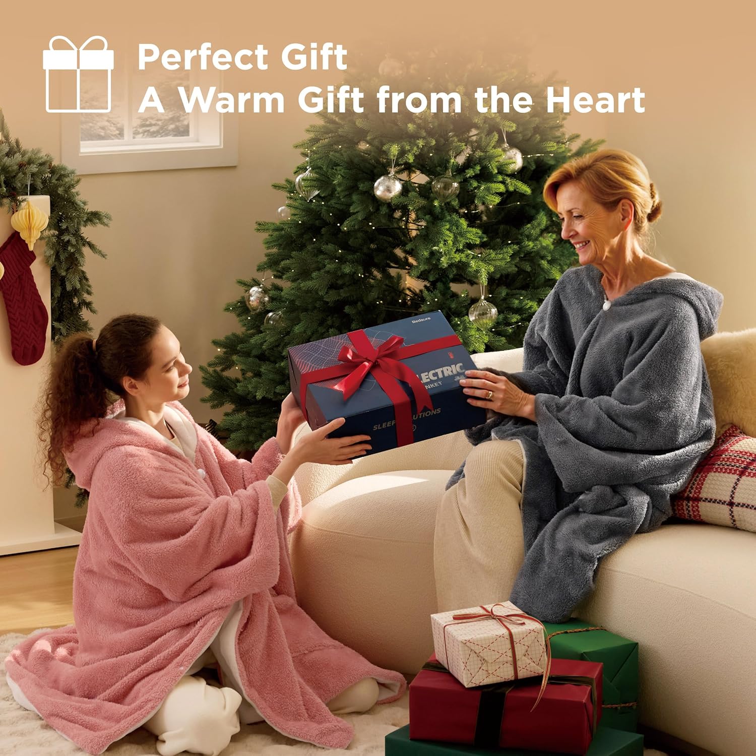 Bedsure Cordless Wearable Heated Blanket - Fluffy Electric Blanket Hoodie with 20000mAh Battery Pack, Portable USB Heated Shawl as Winter Gifts for Women Mom, 4 Heat Levels & 4 Timers, 55"x69", Blue - Image 9