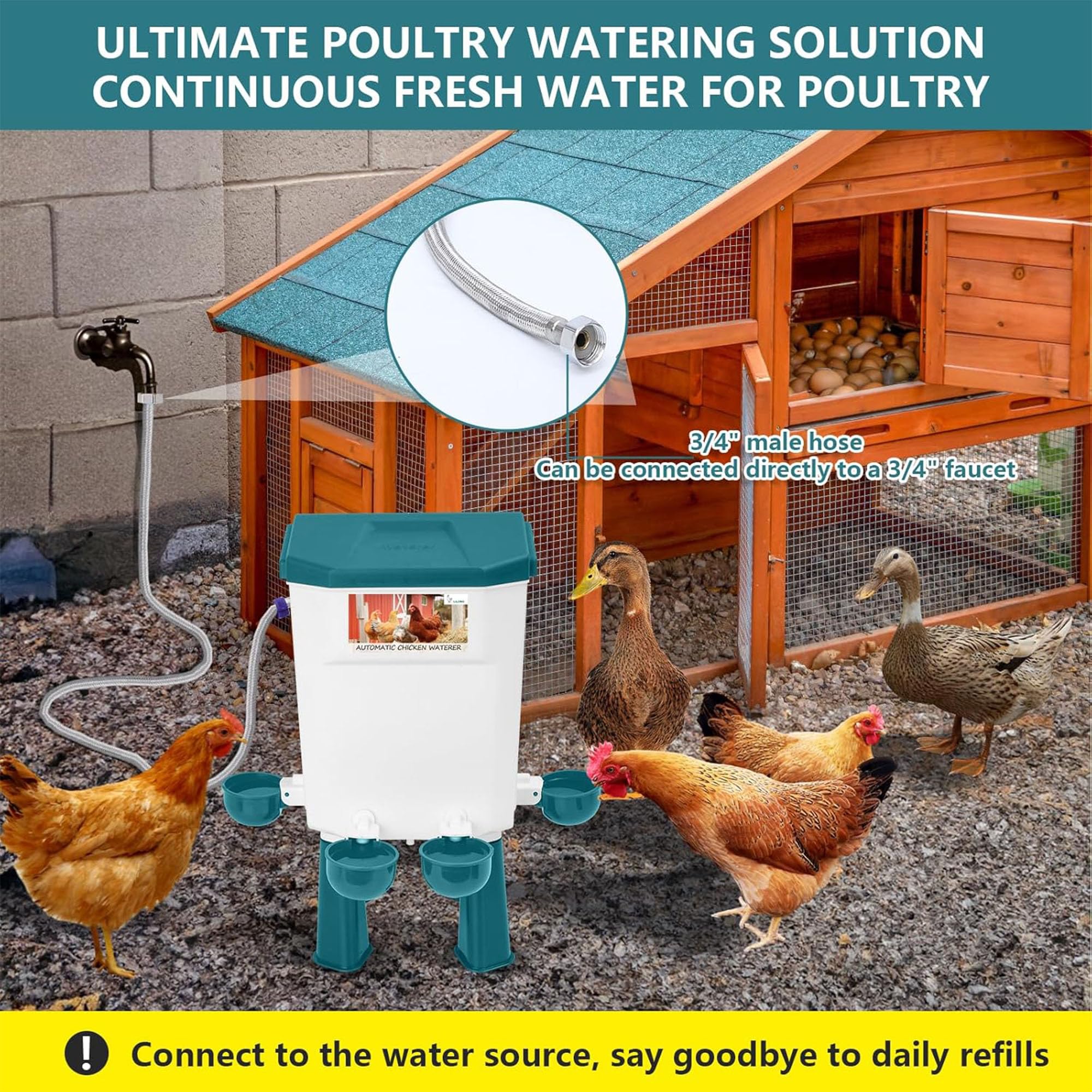 Regadera automática de pollo, bebedero de aves de corral independiente de 7 L con patas ajustables y manguera de acero inoxidable para un fácil acceso