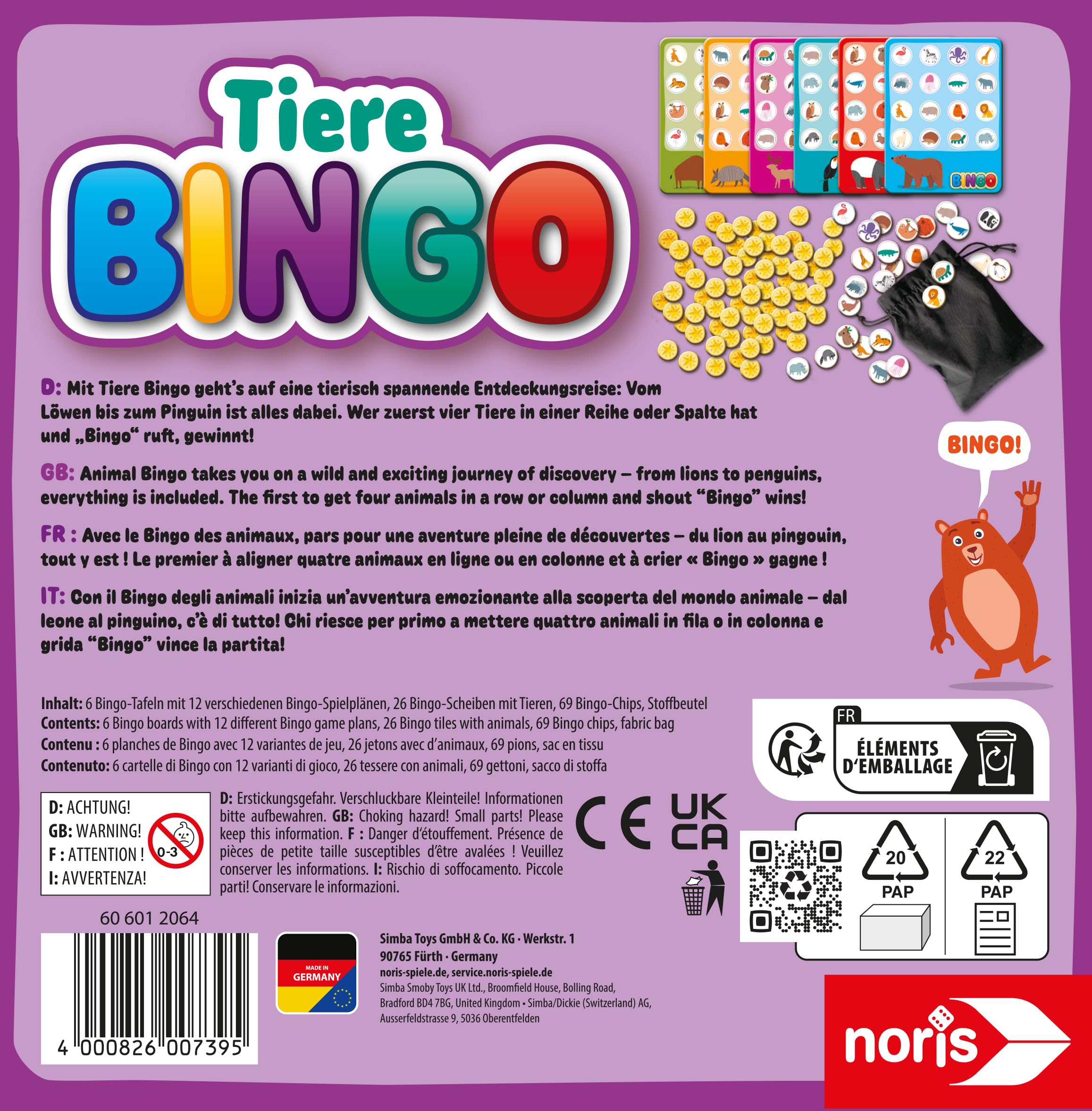 Noris Animales Bingo | Juego Educativo De 6 Tableros Para Reconocer Animales Desde 4 Años