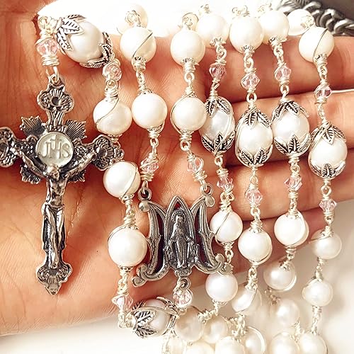 Miniatura 9 de elegantmedical Collar de rosario católico hecho a mano de plata de ley con perlas blancas, caja de regalo de crucifijo con cruz, Peltre, Perla