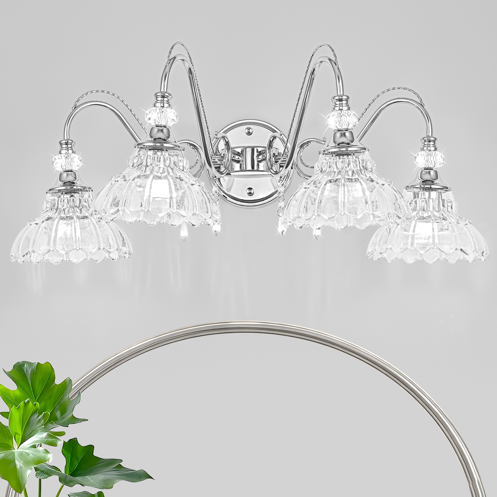 Image of Brushed Chrome Bathroom Vanity Light, 4-Light Chrome Finish Wall Sconce with Hanging Crystal Accents and Flower-Shaped Clear Glass Shades, Modern Wall Mount Vanity Light Over Mirror for Bathroom