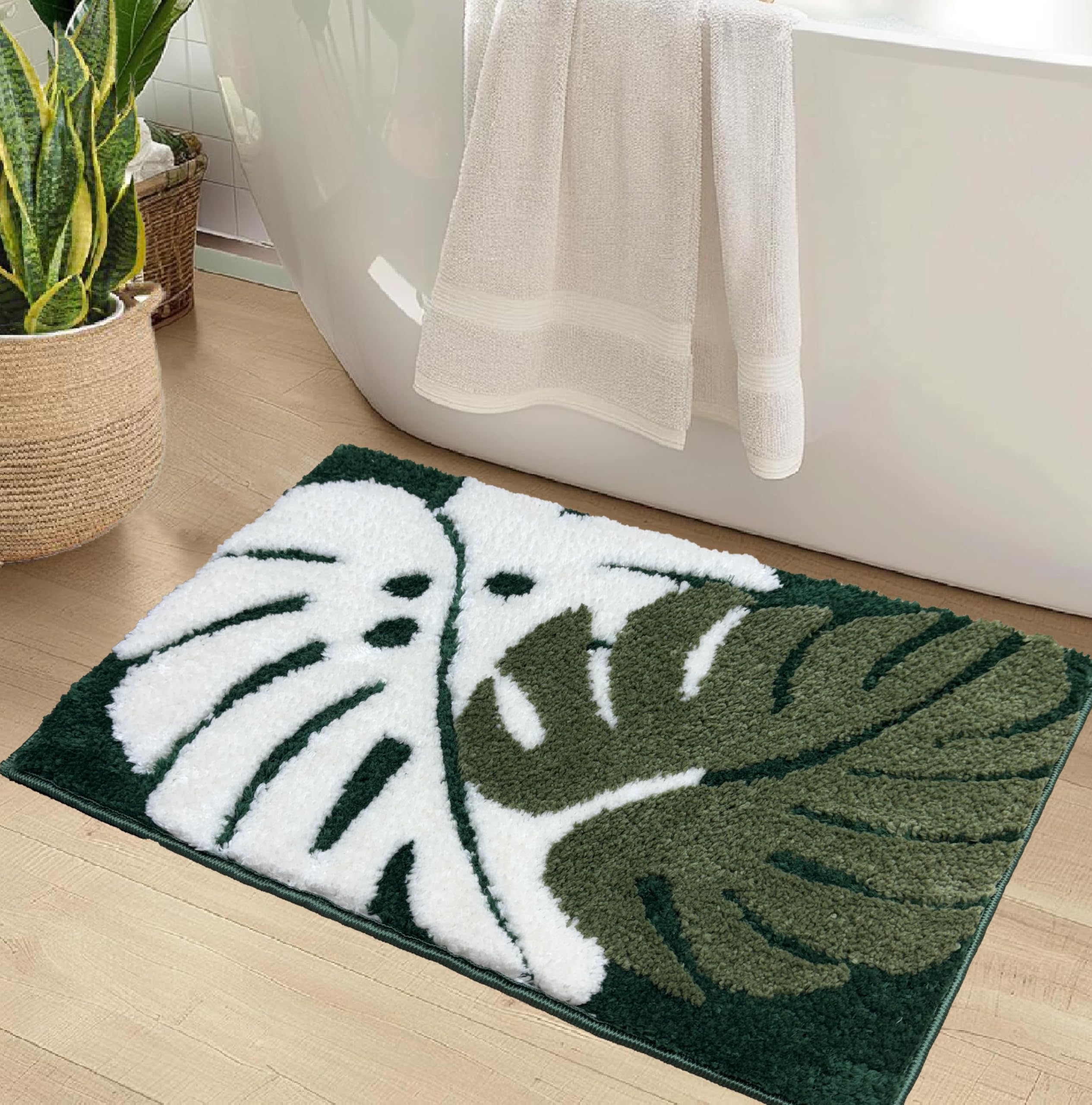 Amazon Brand - Solimo Microfiber 2000 GSM Twin Leaves Bath Mat | Anti-Skid | 40x60 cm (Green)