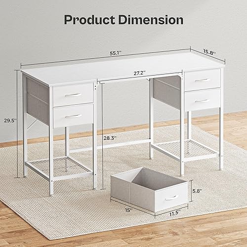 Miniatura 3 de Huuger Escritorio blanco de 55 pulgadas con 4 cajones, escritorio de tocador con estante de malla para maquillaje, escritorio de computadora para