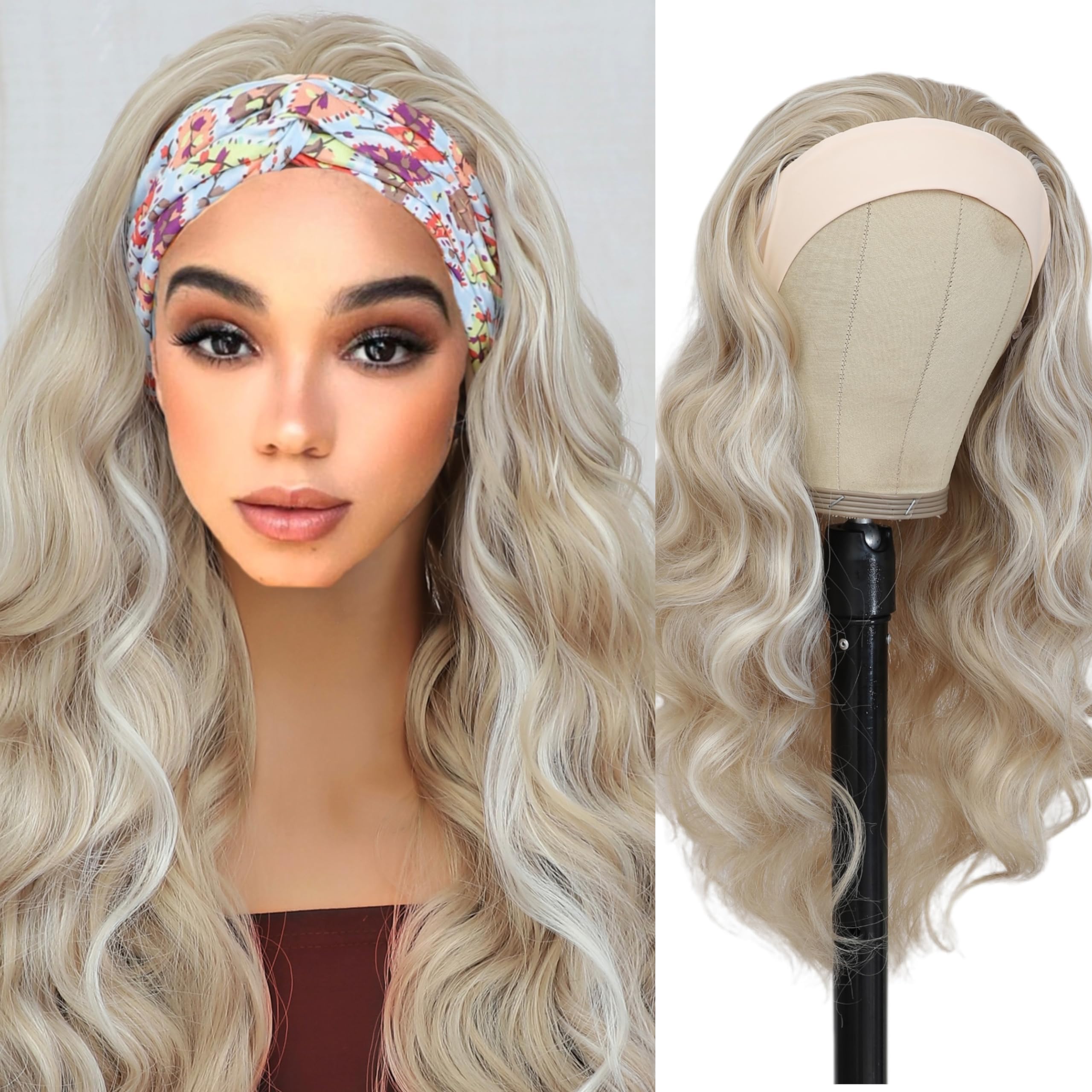 meiliprotea Headband Wig 24 Inch Long Wavy Light Blonde