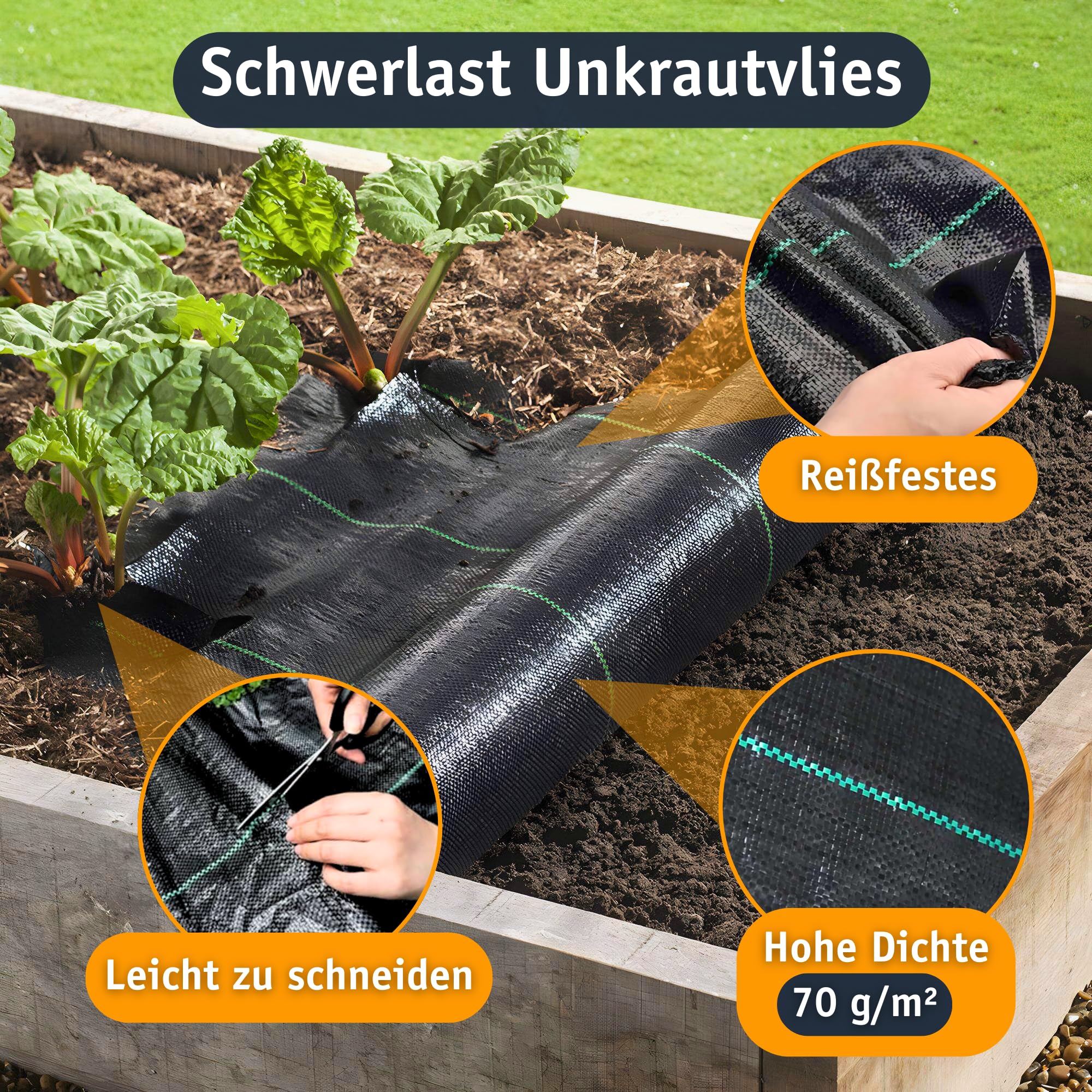 UV-beständige Ukrautvlies - 70g/m², Robustes & dauerhaftes Gartenvlies gegen Unkraut (1,1 x 100m, Unkrautvlies)