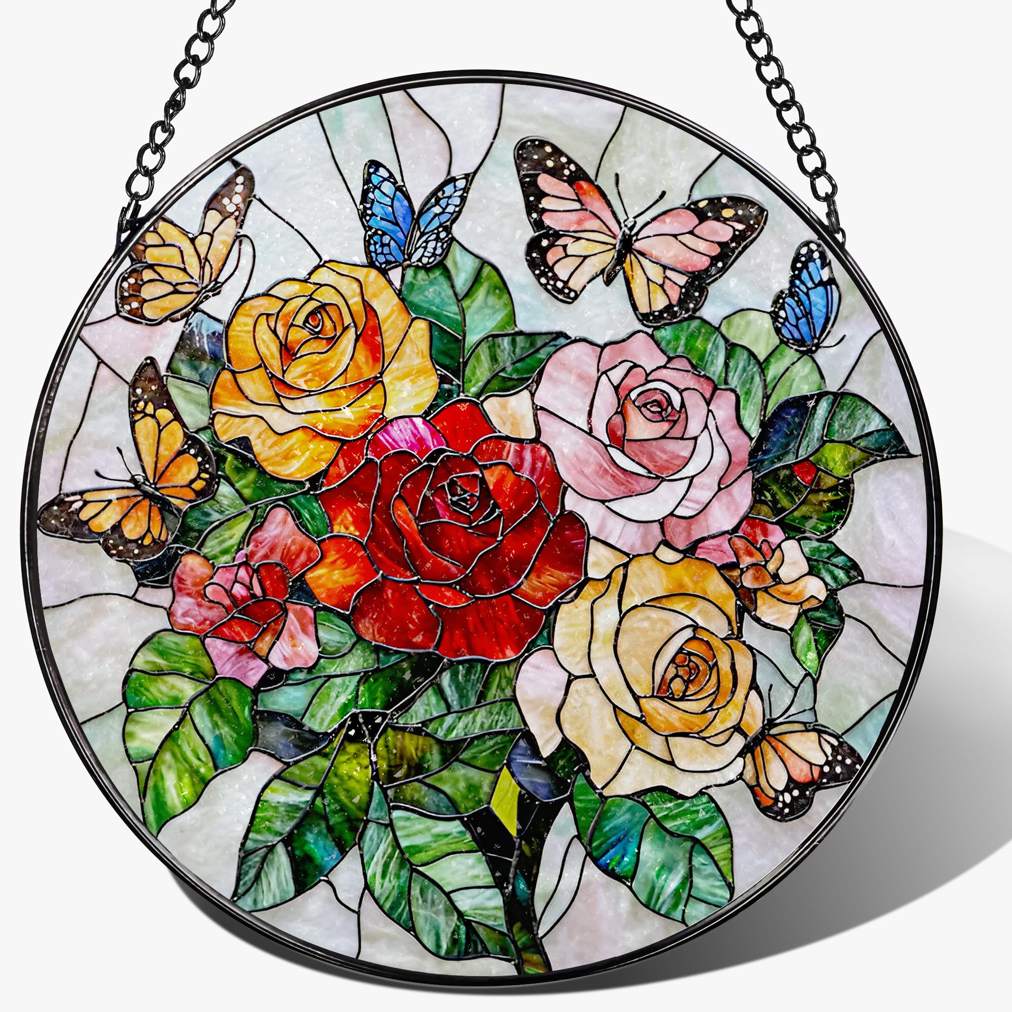 Butterfly & Rose Ornament: Stained Glass Suncatcher, Suncatcher for Window Decor, Stained Glass Window Hanging, Christmas Ornament, Gifts for Nature Lover, Women, Christmas, Mother's Day, Birthdays — image 1