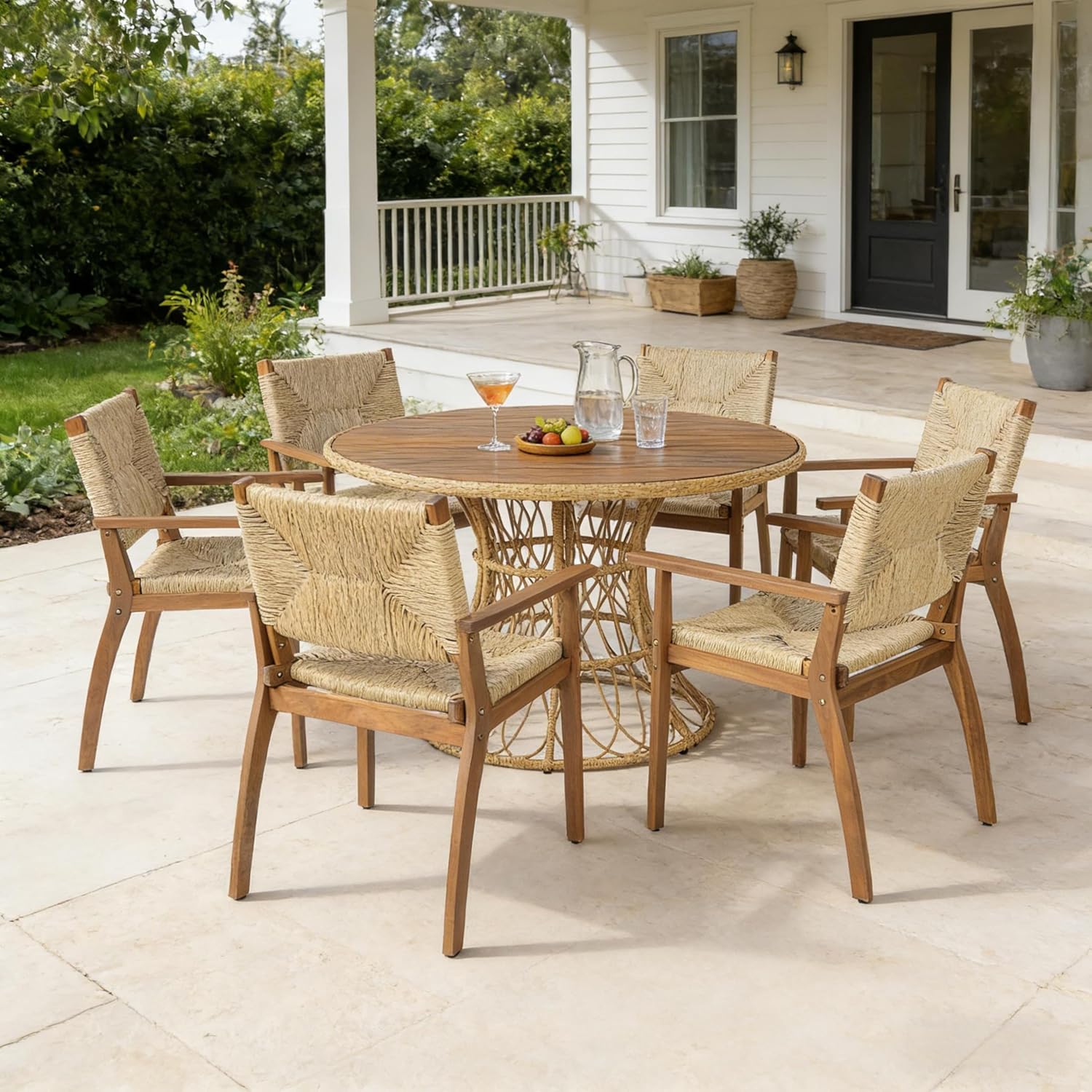 Merax 2 Set Durable Outdoor Dining Chair with Acacia Wood Frame, Handwoven Wicker Seat, Patio Garden Furniture, 250lb Capacity, Teak