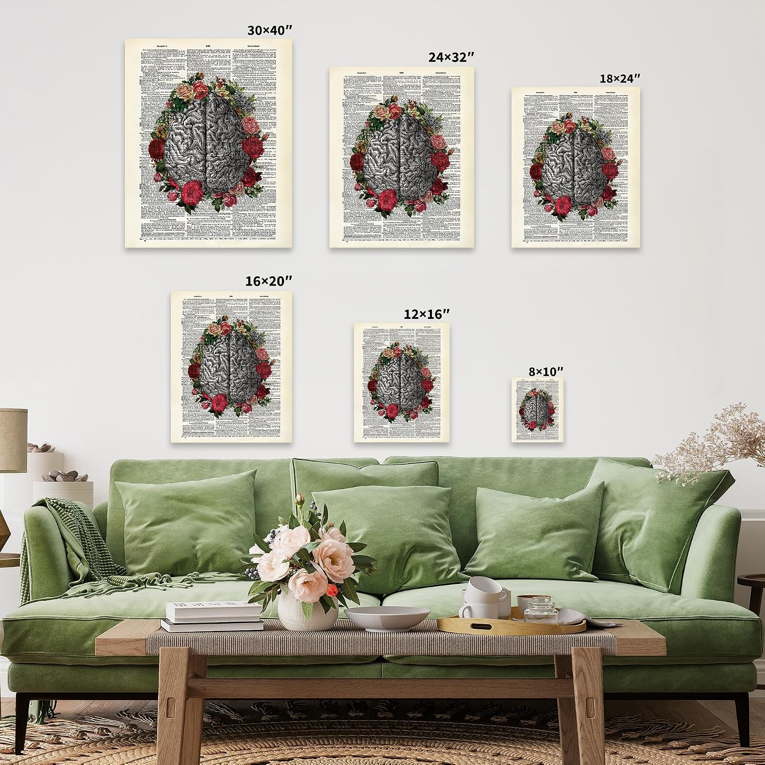 Poster Master Anatomical Brain Canvas - Roses and Brain Print - Dictionary Art - Gift for Doctor, Nurse - Floral Wall Design - Great Wall Decor for Hospital, Clinic - 8x10 STRETCHED Canvas