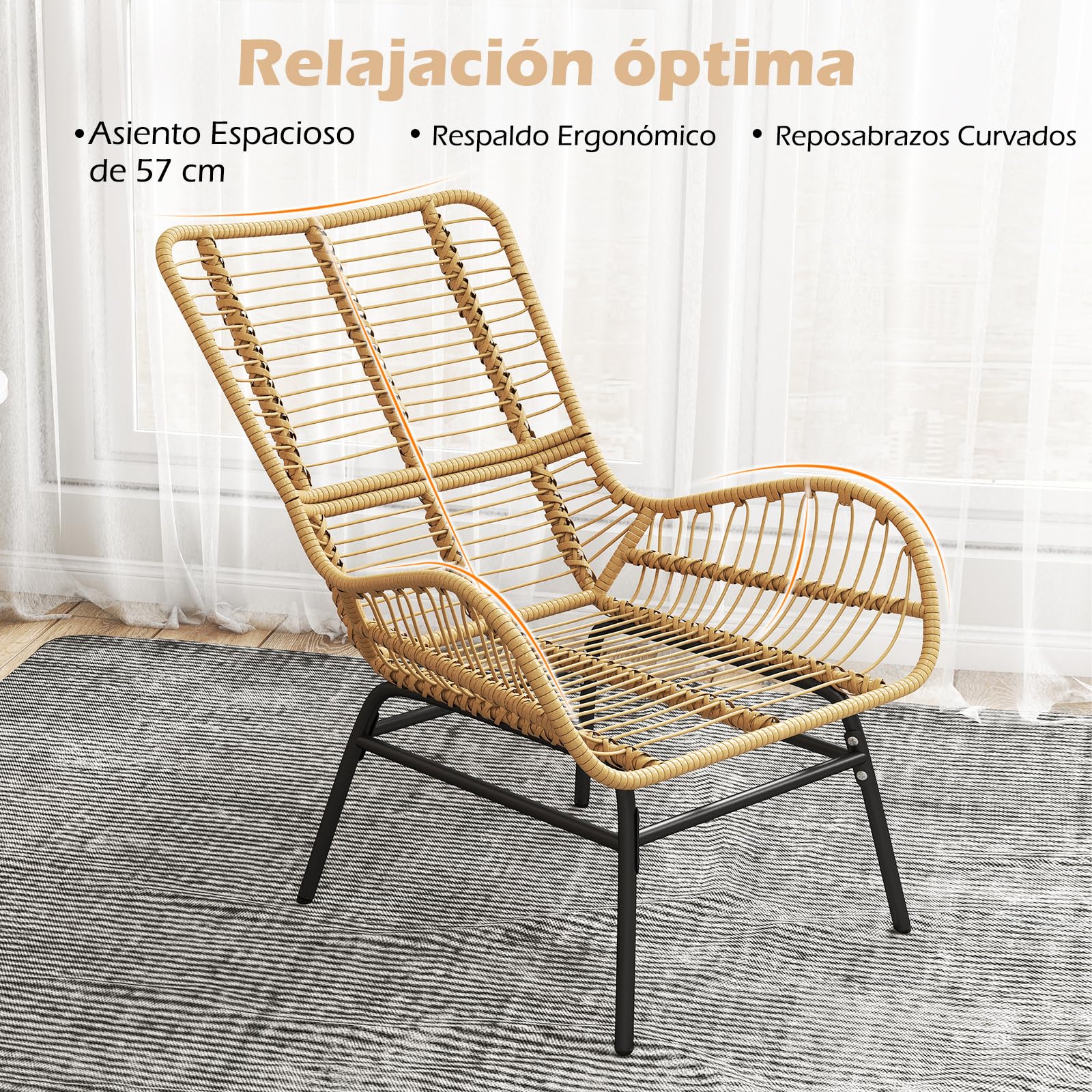 COSTWAY Sillon de Ratan con Cojin, Marco Metálico, Sillones para el Salón, Butaca Dormitorio Jardin Terraza Interior Exterior, 84 x 68 x 87 cm, Carga 180kg, Natural (1)