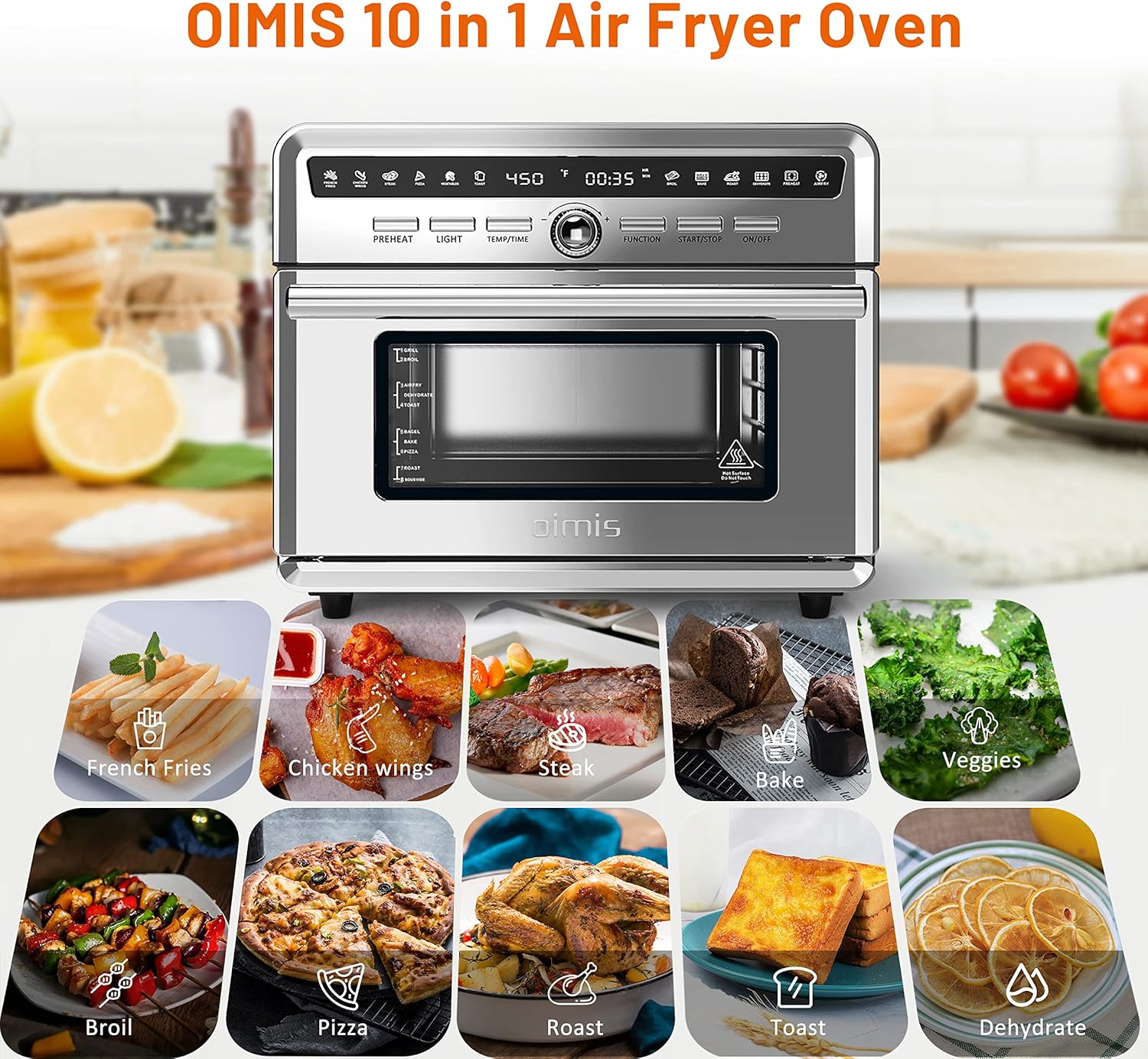 Air Fryer Oven Countertop OIMIS 26.5QT Large Air Fryer Combo,Stainless Steel Toaster Oven with Double Tempered Glass Door and Internal Light,1800W Super Power,7 Accessories,ETL certified : Home & Kitchen