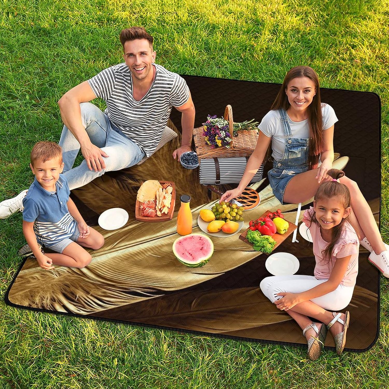 Picnic Blankets,Golden Feathers Printed Picnic Blankets Waterproof Foldable,Large Picnic Blanket,Handy Mat Tote with Zipper Pocket for Camping on Grass