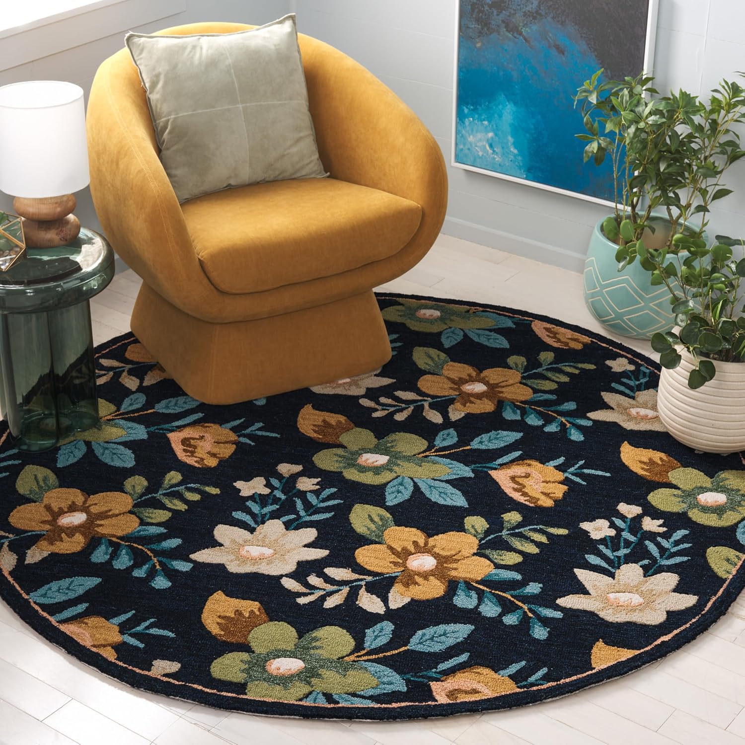 Safavieh Blossom Collection Runner - 2'6" x 8', Navy & Green, Handmade Wool, Floral Design, Ideal for The Living Room, Dining, Bedroom (BLM571N)