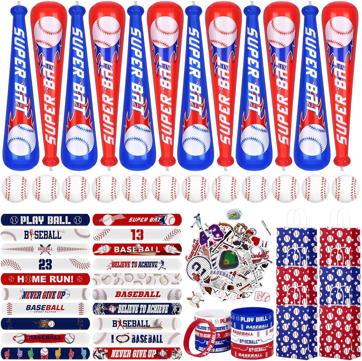 durony 122 Pieces Baseball Party Favors Set Inflatable Baseball Bat Mini Foam Stress Balls Slap Bracelets Silicone Bracelets Tattoo Stickers Gift Paper Bags for Sports Themed Party Decoration
