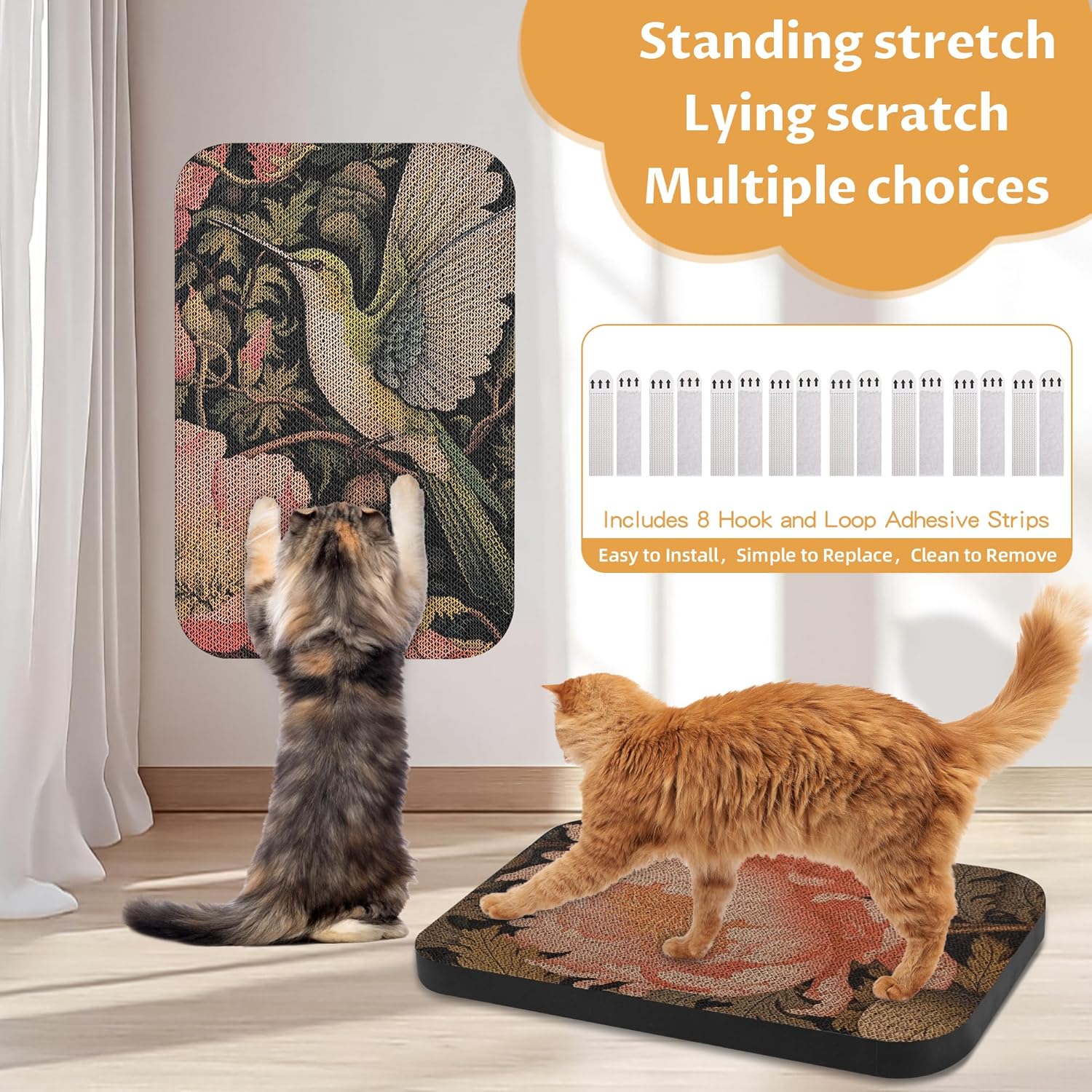 2 Pack Art Cat Scratcher, Wall-Mountable Cat Scratch Pad, Cat Wall Scratcher 16.7x11x1 Inch Cat Scratching Board for Indoor Cats Toy (Hummingbird & Flower)