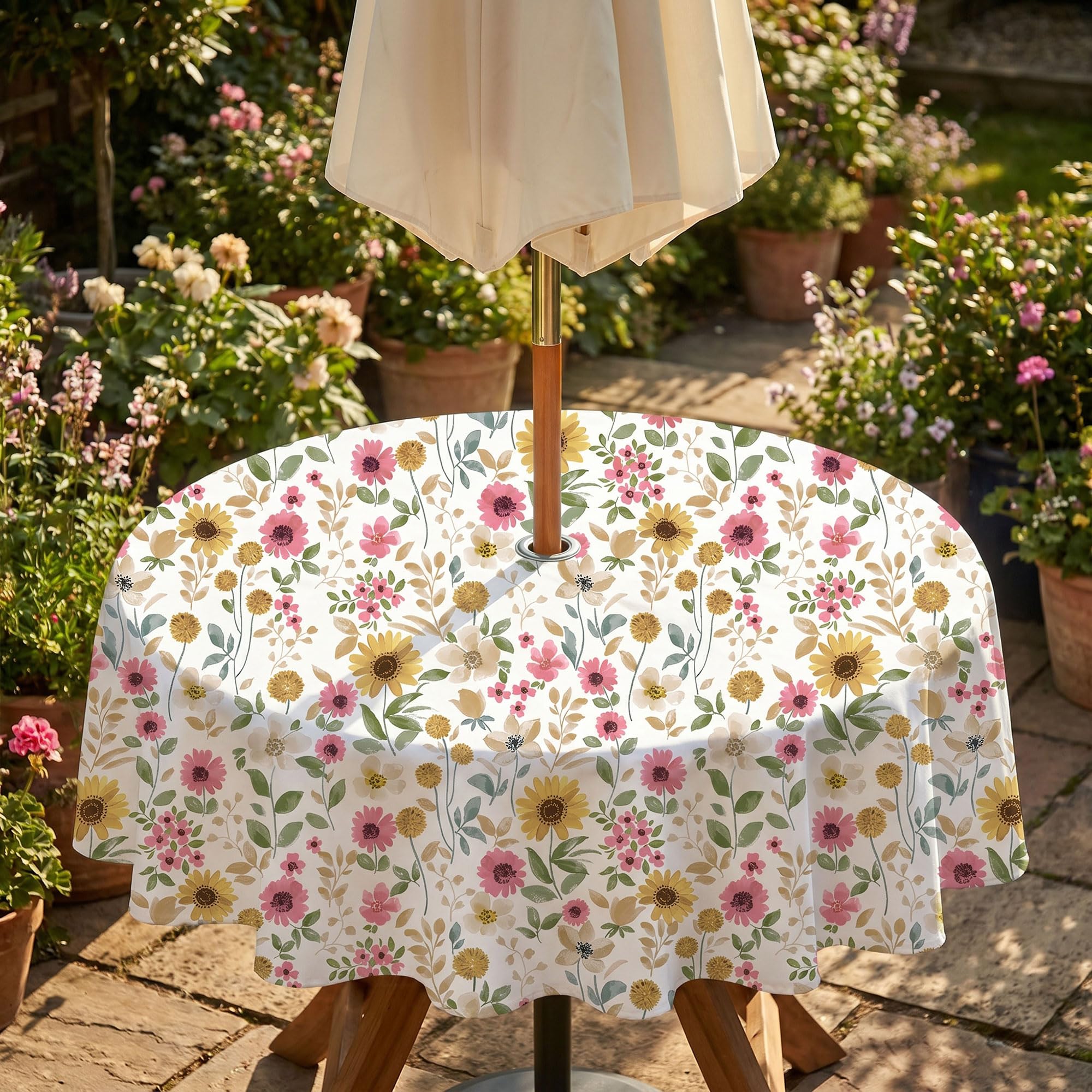 QPC Direct Wipe Clean Waterproof Outdoor Garden Tablecloth with Parasol Hole (Country Garden, Round 135cm Diameter)