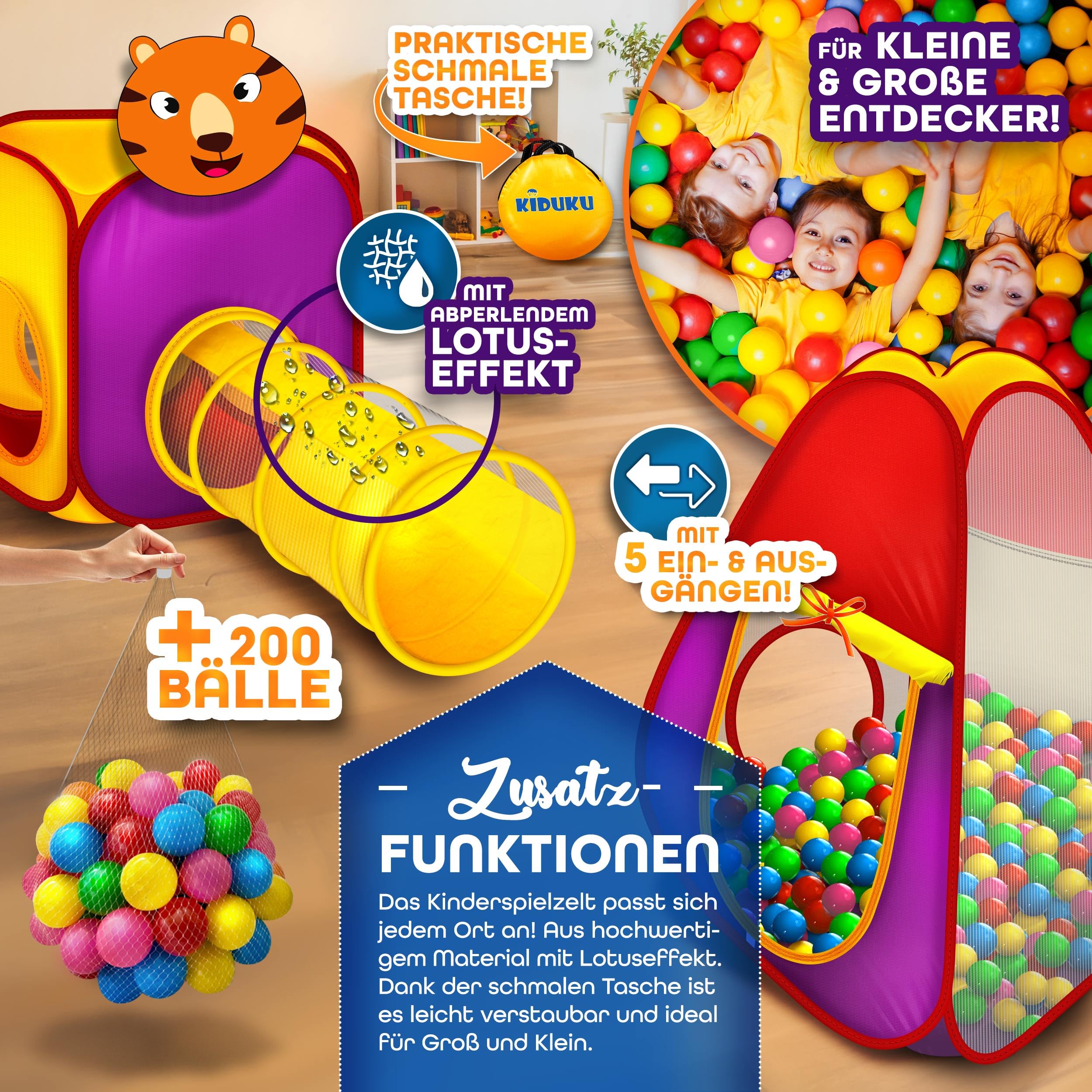 KIDUKU® 3-teiliges Bällebad Spielzelt Babyzelt + Krabbeltunnel + 200 Bälle + Tasche für drinnen und draußen