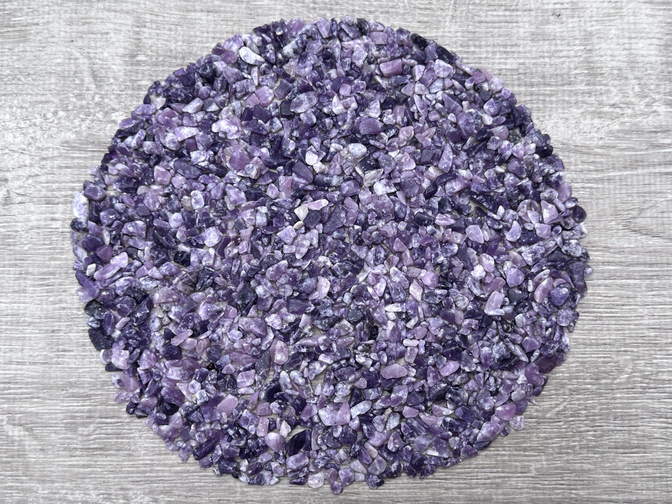 2 oz Lot Natural Semi Tumbled Gemstone Chips, Crushed Mini Crystals, Undrilled Crystal Chips (Lepidolite)