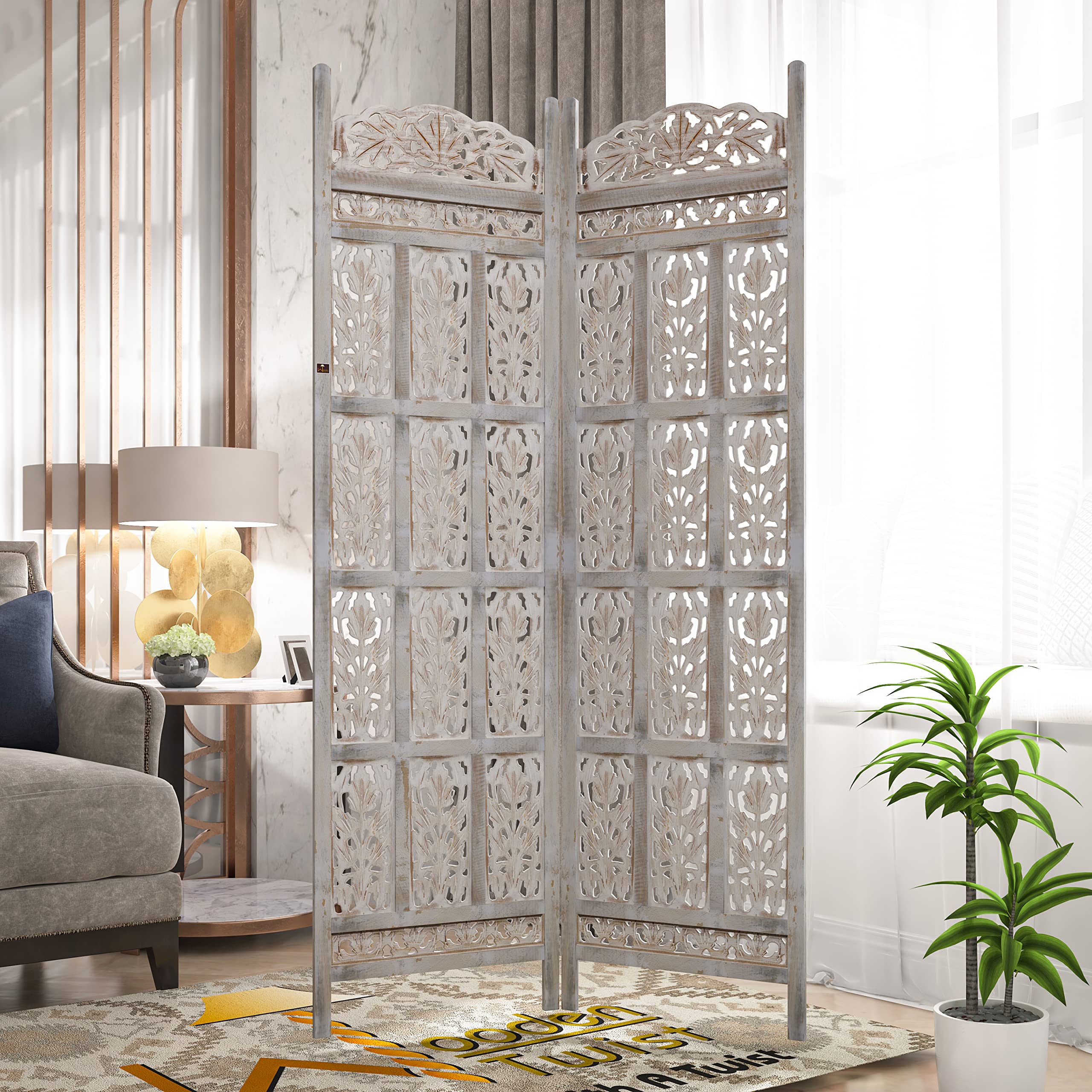 Wooden Twist Carved Wood Room Divider Screen 2 Panel Antique White Wash Rustic Finish-image-34