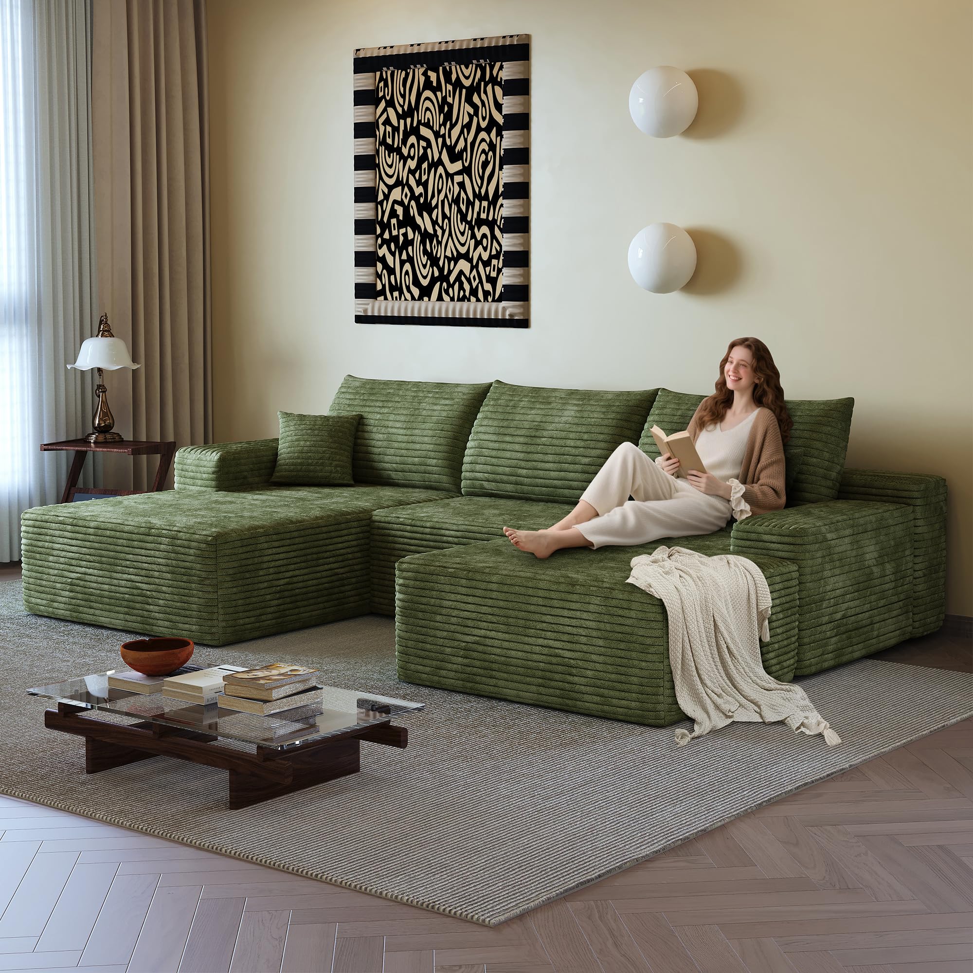 108" Sectional Couches for Living Room Cloud Couch Sofa with L-Shape Upholstered Boneless Couchs Modern Modular Sectional Couch with Chaise (Green, 108" Left Facing Chaise+2Seaters+1Ottoman)