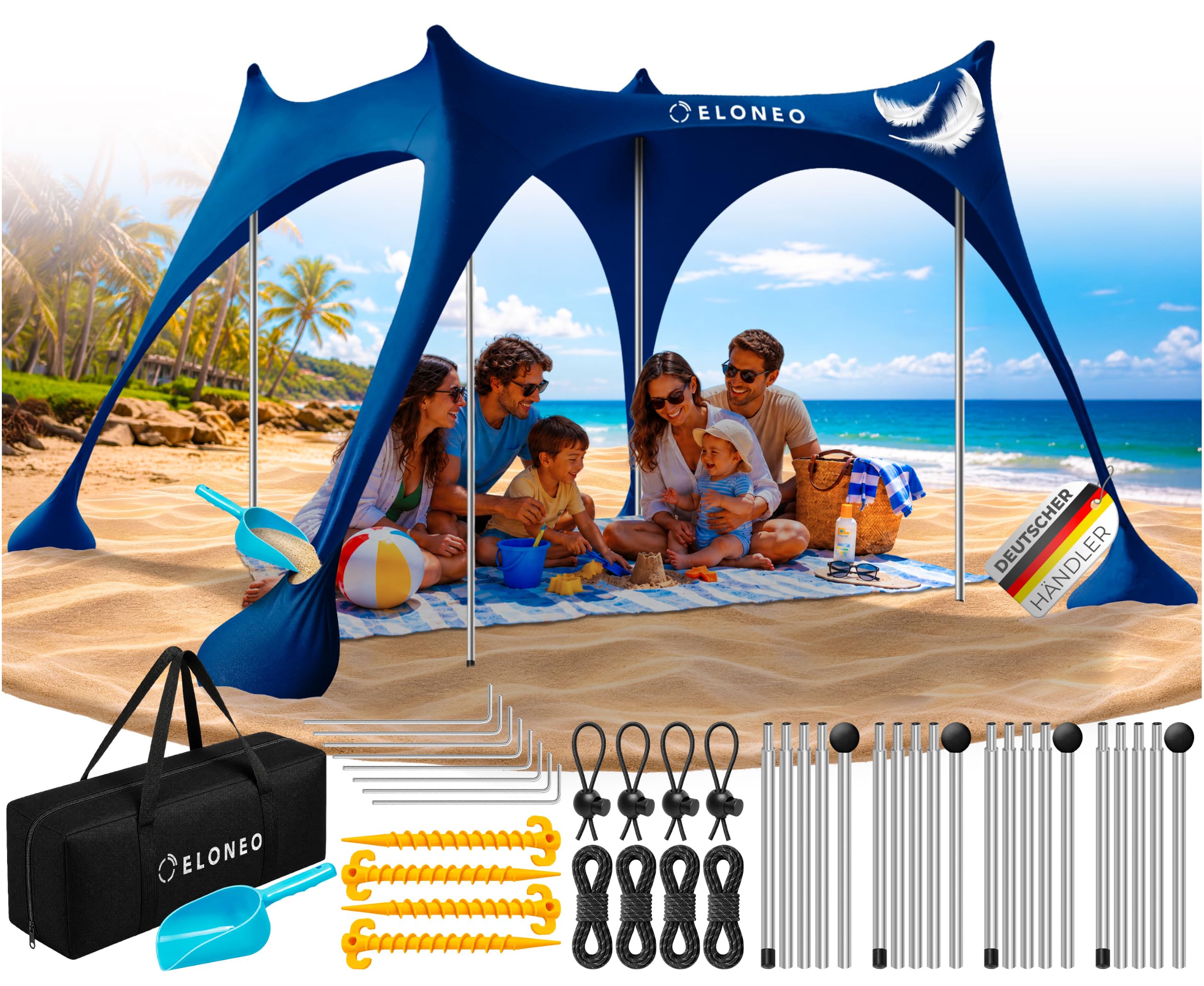 ELONEO Namiot plażowy, osłona przeciwsłoneczna na plażę 300x300x200 cm, SPF 50+, ochrona przeciwsłoneczna na plażę z łopatką do piasku, śledziami i drążkami stabilizującymi, granatowy