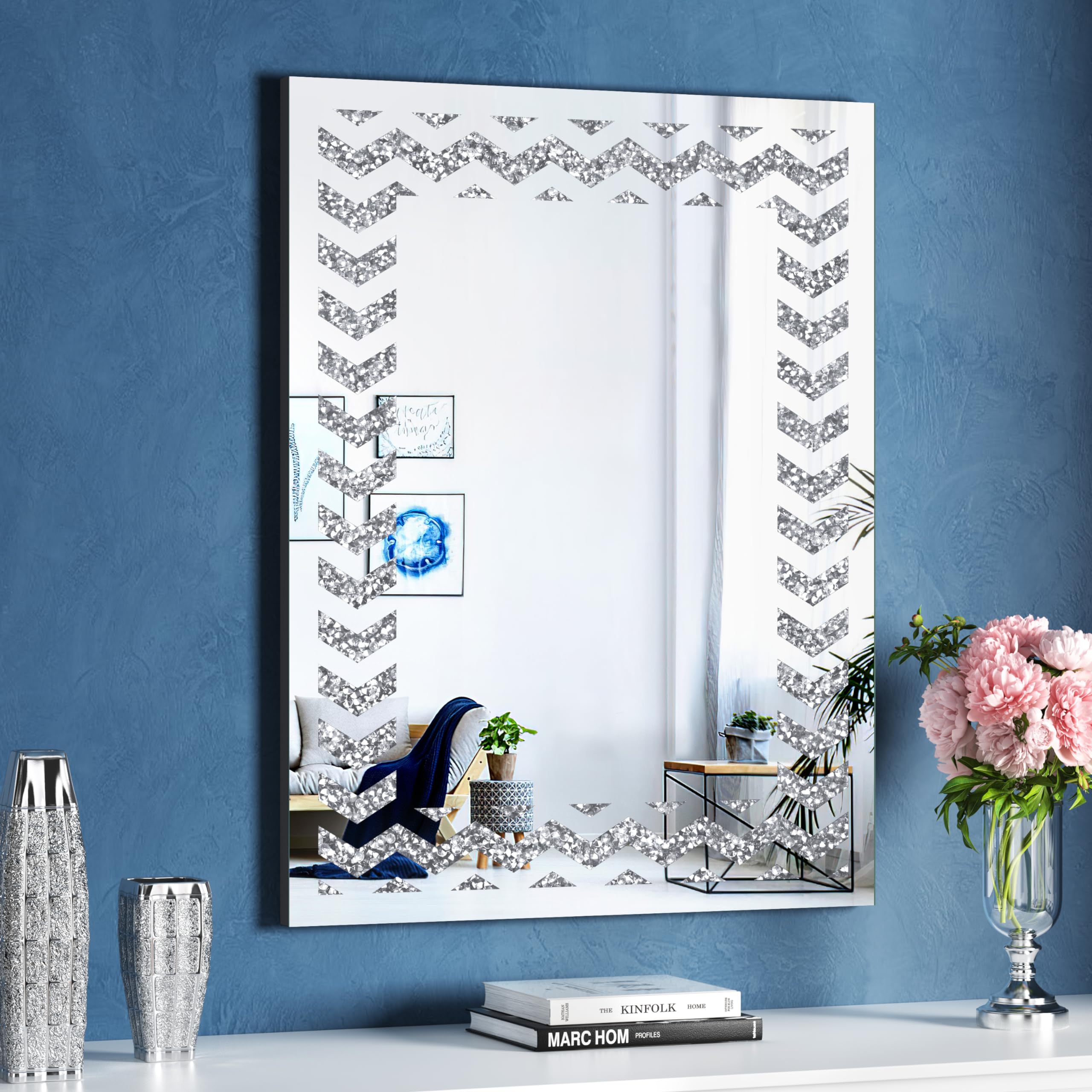 KOHROS Crystal Crush Diamond Rectangle Silver Mirror for Wall Decoration 19.7" x 27.6" Frameless Mirror for Living Room Bedroom Bathroom