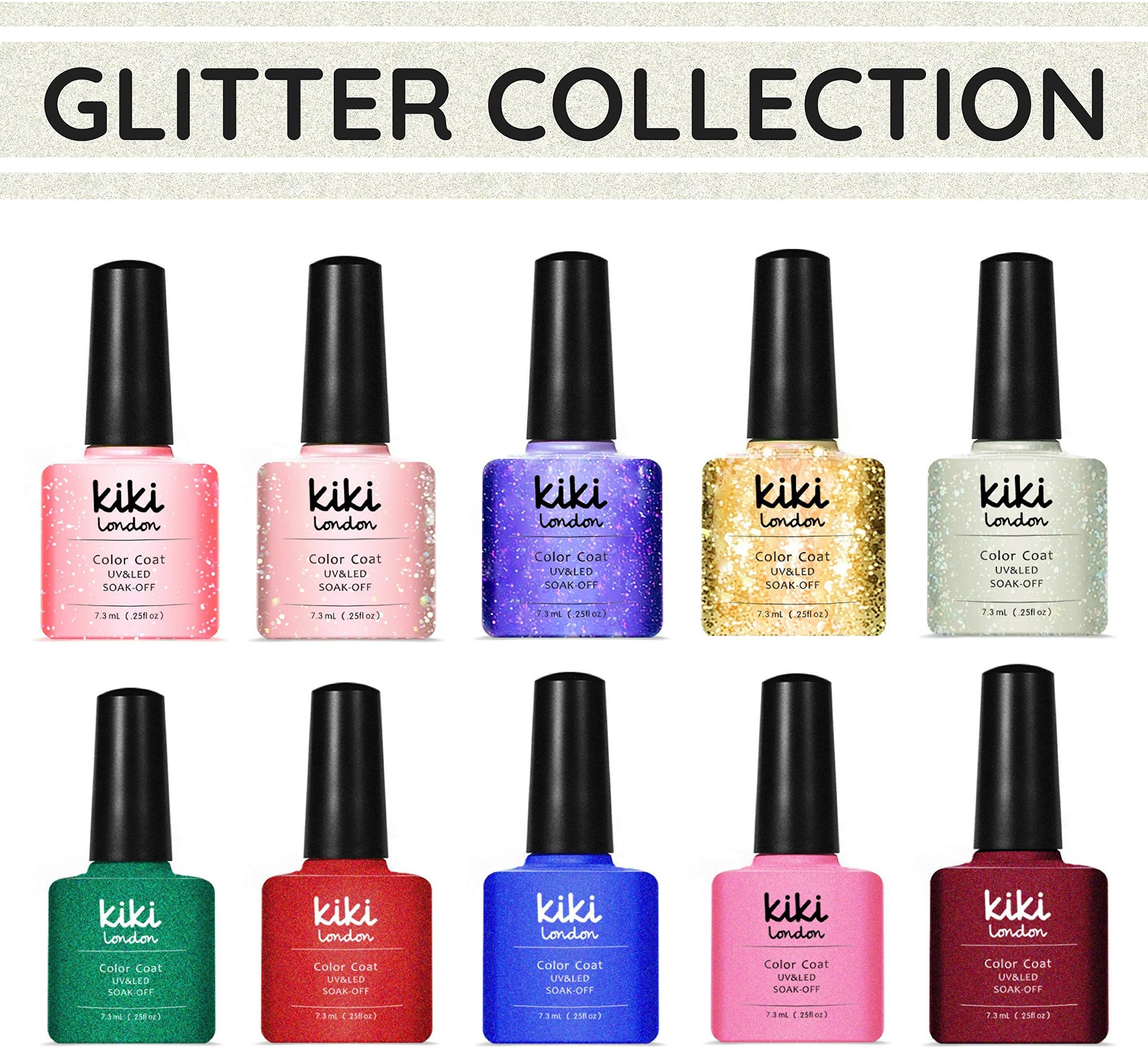 SET of 10 Nail Gel Glitter Colours by Kiki London® Salon Professional UV/LED Soak Off Gel Nail Polish Exlusive Offer | Gold | Blue | Silver | Red | Pink | Preimum Nail Gel Polish |