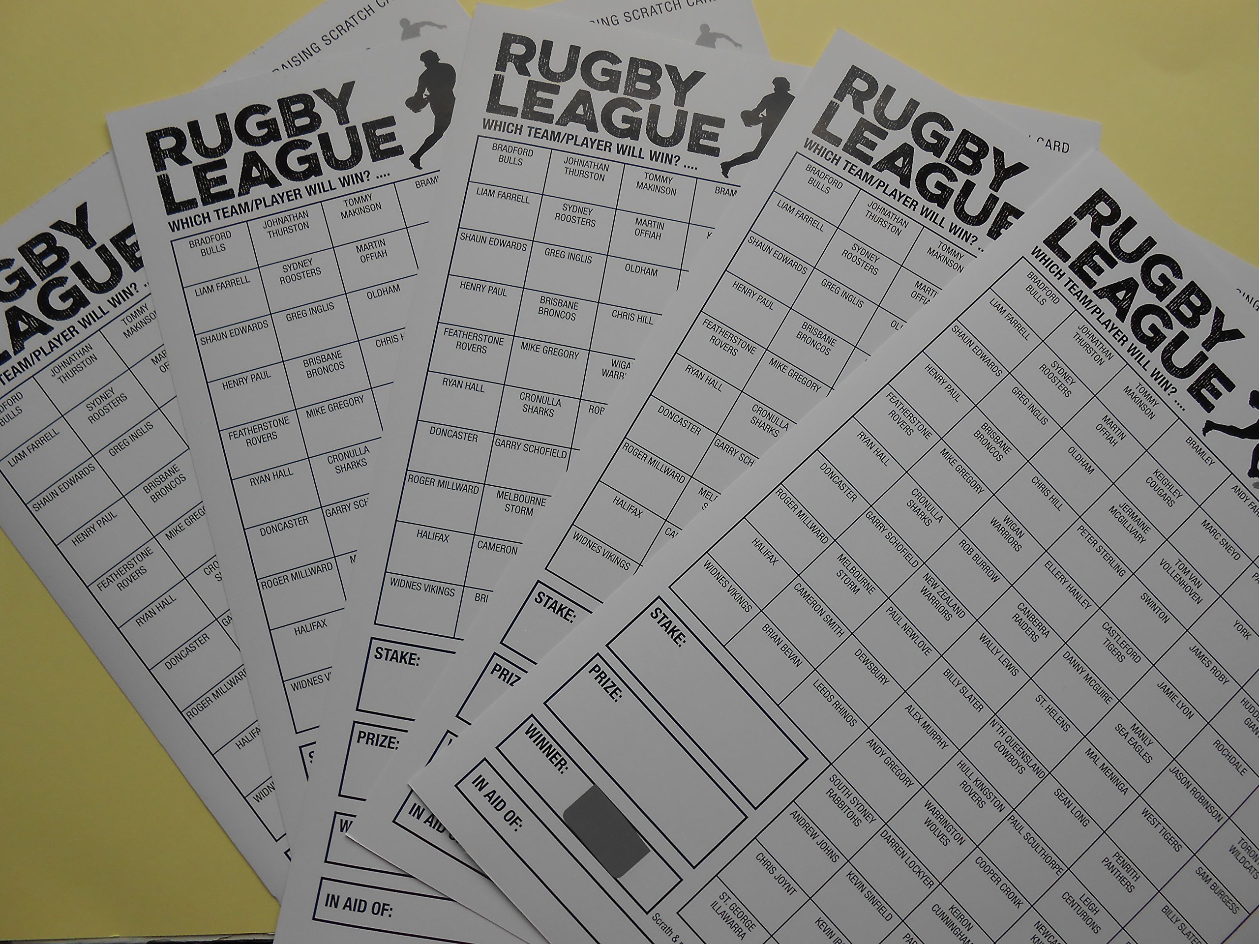 DWL RUGBY LEAGUE FUNDRAISING SCRATCH CARD= 100 SPACES X 5 CARD - WHICH TEAM/PLAYER WILL WIN?