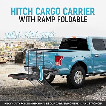ECOTRIC 46.2 X 26.8 X 38.7 Inch Hitch Cargo Carrier W/Ramp Foldable 500 Lbs Trailer Hitch Mount Steel Wheelchair Carrier Mobility Scooter Ramp 2 Hitch Receiver for Snow Blower SUV Truck Van Car