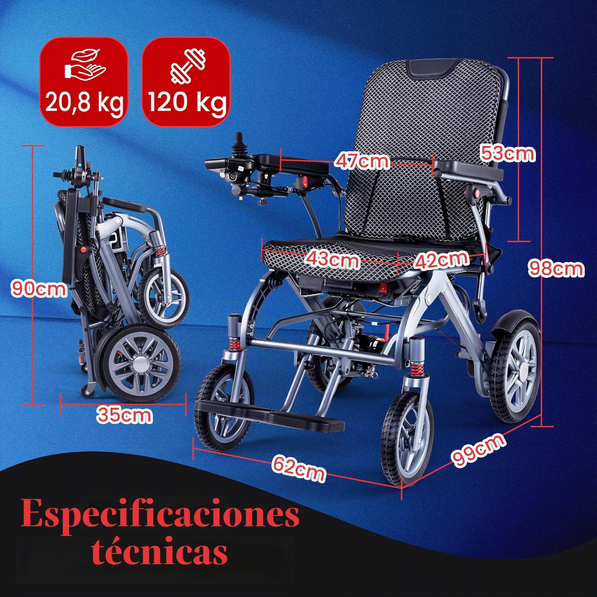 Silla de ruedas eléctrica plegable con batería doble, ligera, 48KM, con neumáticos de goma para todo terreno, iluminación frontal y trasera, aprobada para aviones