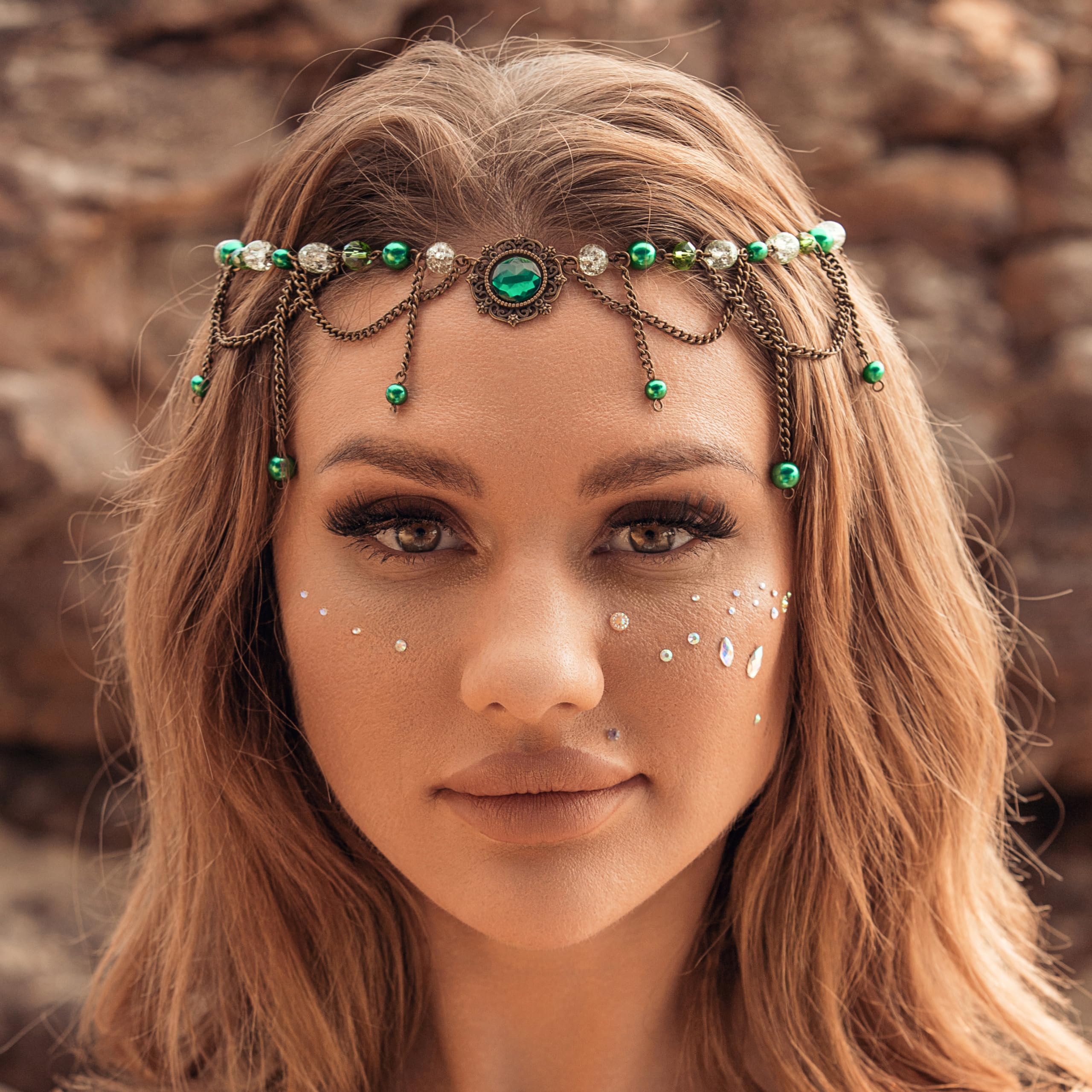Fashband Boho Ctystal Head Chain Green Beads Headband Vintage Festival Hair Accessories Bridal Wedding Headpiece for Women and Girls