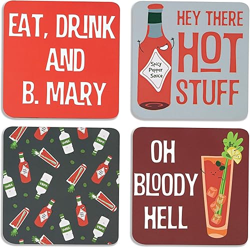 Pavilion Gift Company Bloody Mary Sentiment - Juego de posavasos de 4 pulgadas (4 piezas) con caja, cuadrado de 4 pulgadas, multicolor