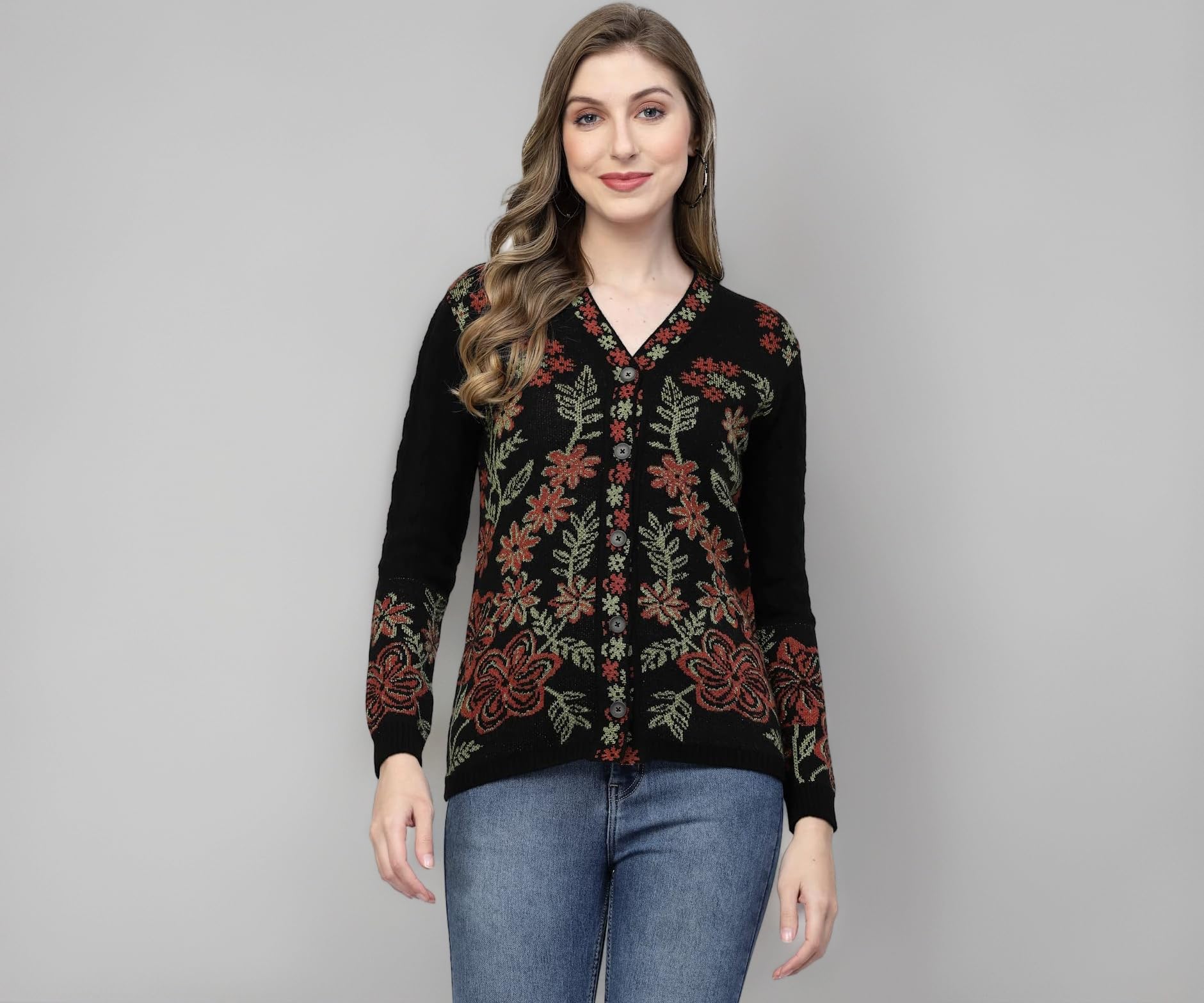 Women Sweater for Winter Woolen Acrylic Full Sleeves V-Neck Floral Design Cardigan Sweater for Women Winter Woollen Stylish