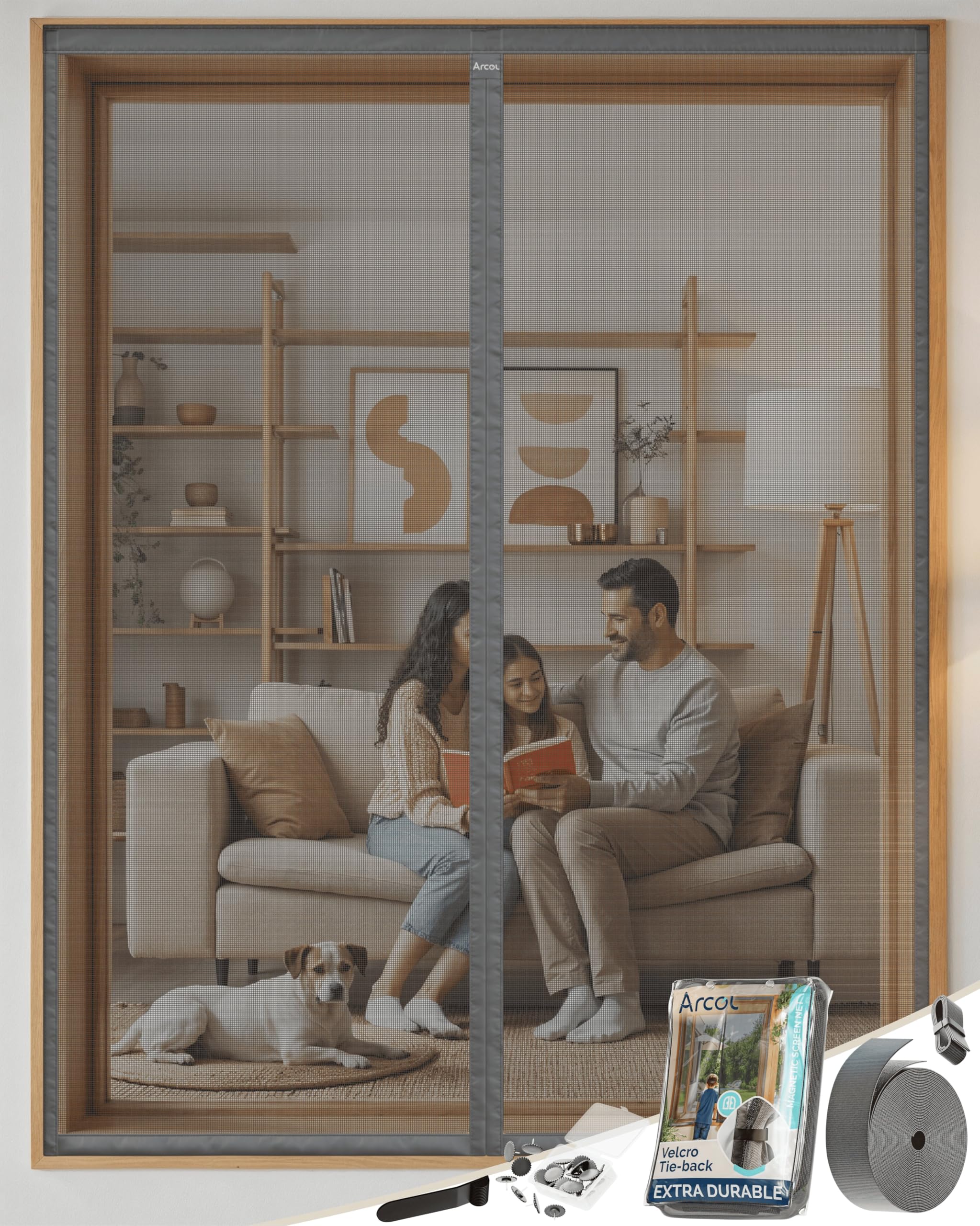 ARCOL Magnetic Fly Screen Window 120x150cm Premium Fibreglass – Stop Flies & Mosquitoes in 3 Min., Ultra-Fine Anti-Insect Net, Automatic Closure with Magnets & Weights, Tear Tape (Gray) — image 1