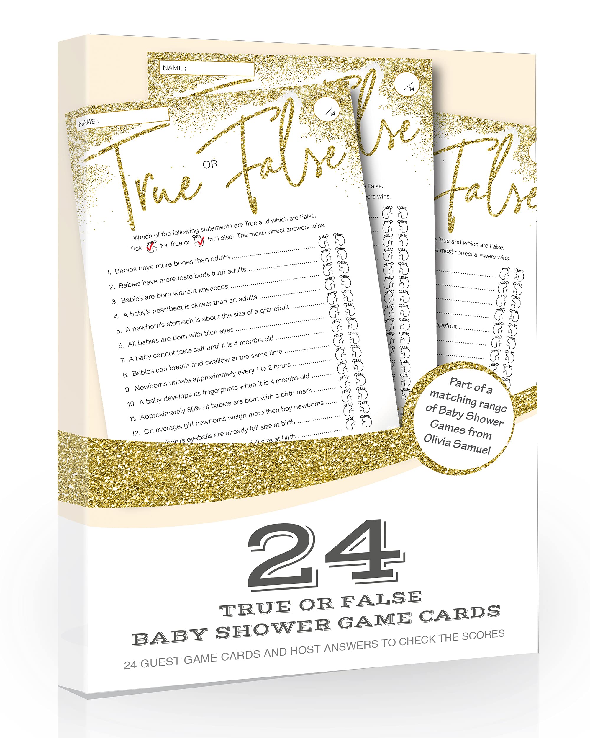 Olivia Samuel 24 x True or False - Baby Shower Quiz Game from (Gold Glitter Effect)