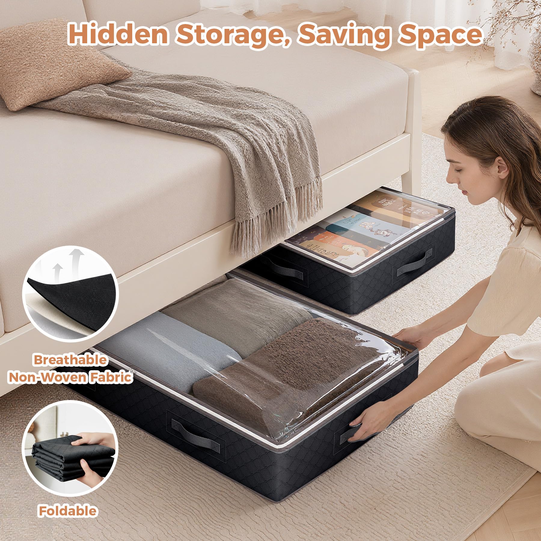 Budding Joy Paquete de 4 contenedores de almacenamiento para debajo de la cama, organizador de gran capacidad debajo de la cama, almacenamiento de ropa, bolsas de almacenamiento plegables con ventana