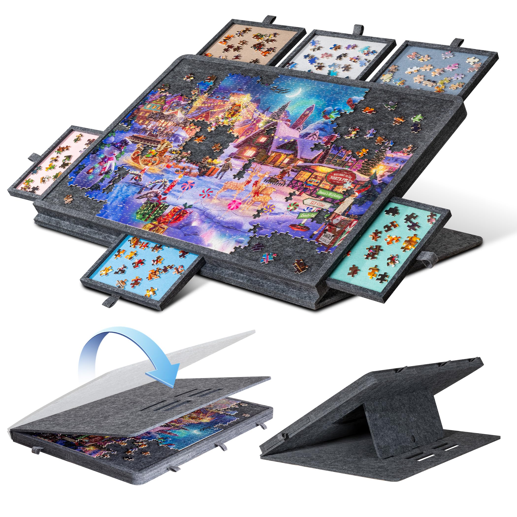 Planche de puzzle inclinable de 1000 pièces avec support et housse 2 en 1, table de puzzle à 3 angles réglables avec 6 tiroirs colorés, planches de jeu légères pour adultes