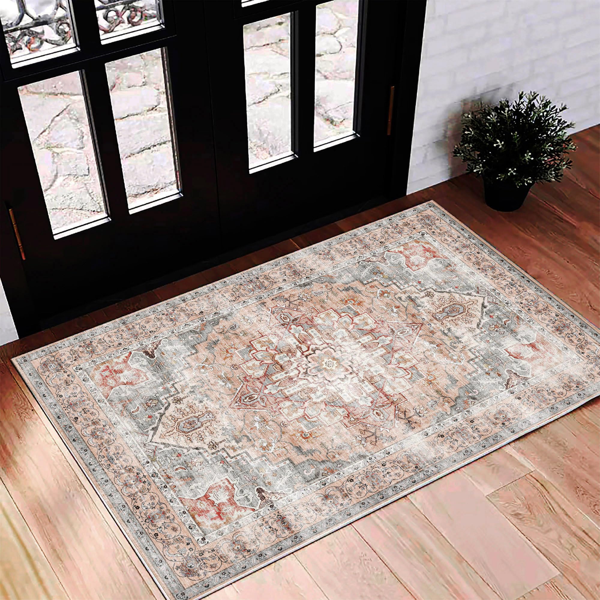 CHAMPLANT 2'x3' Light Cyan and Light red Area Rug Washable Door Mat Vintage Distressed Doormat Indoor Entrance Traditional Thin Floral Print Non Slip