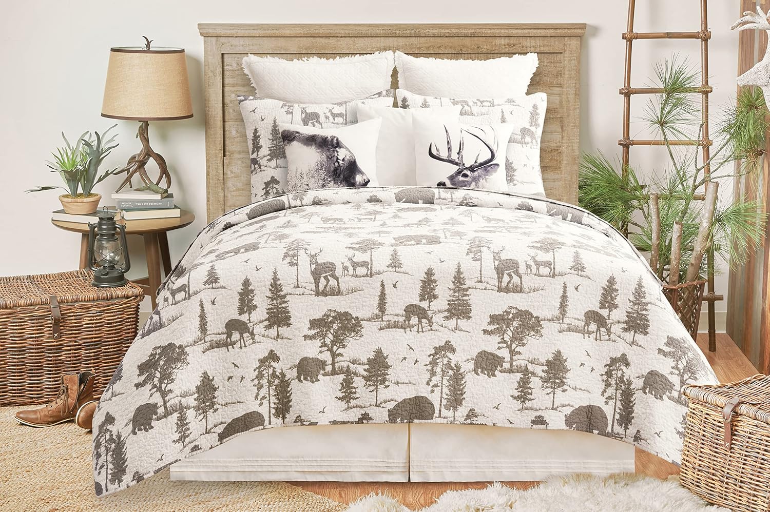 C&F Home Hillside Royal Rustic Lodge Full/Queen Bed Quilt Set Woodland Wilderness Forest Trees Bear Deer Stag Reversible Bedspread Bedding Coverlet for All Seasons Full/Queen 3 Piece Set Grey