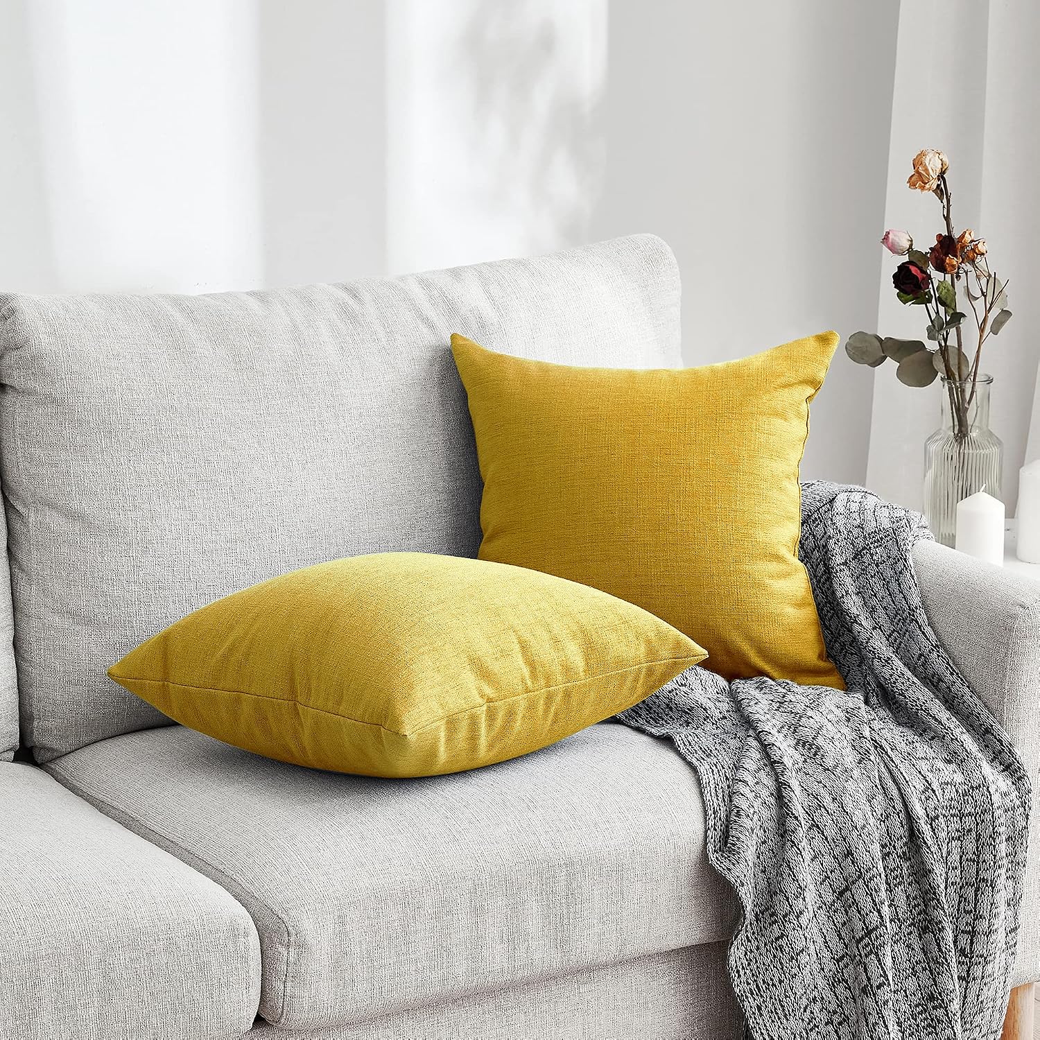 Oubonun Yellow Throw Pillow Covers Cushion for Sofa Bed Couch Living Room, Pillow Sham Case Cover, Set of 2 (Yellow, 20" x 20")